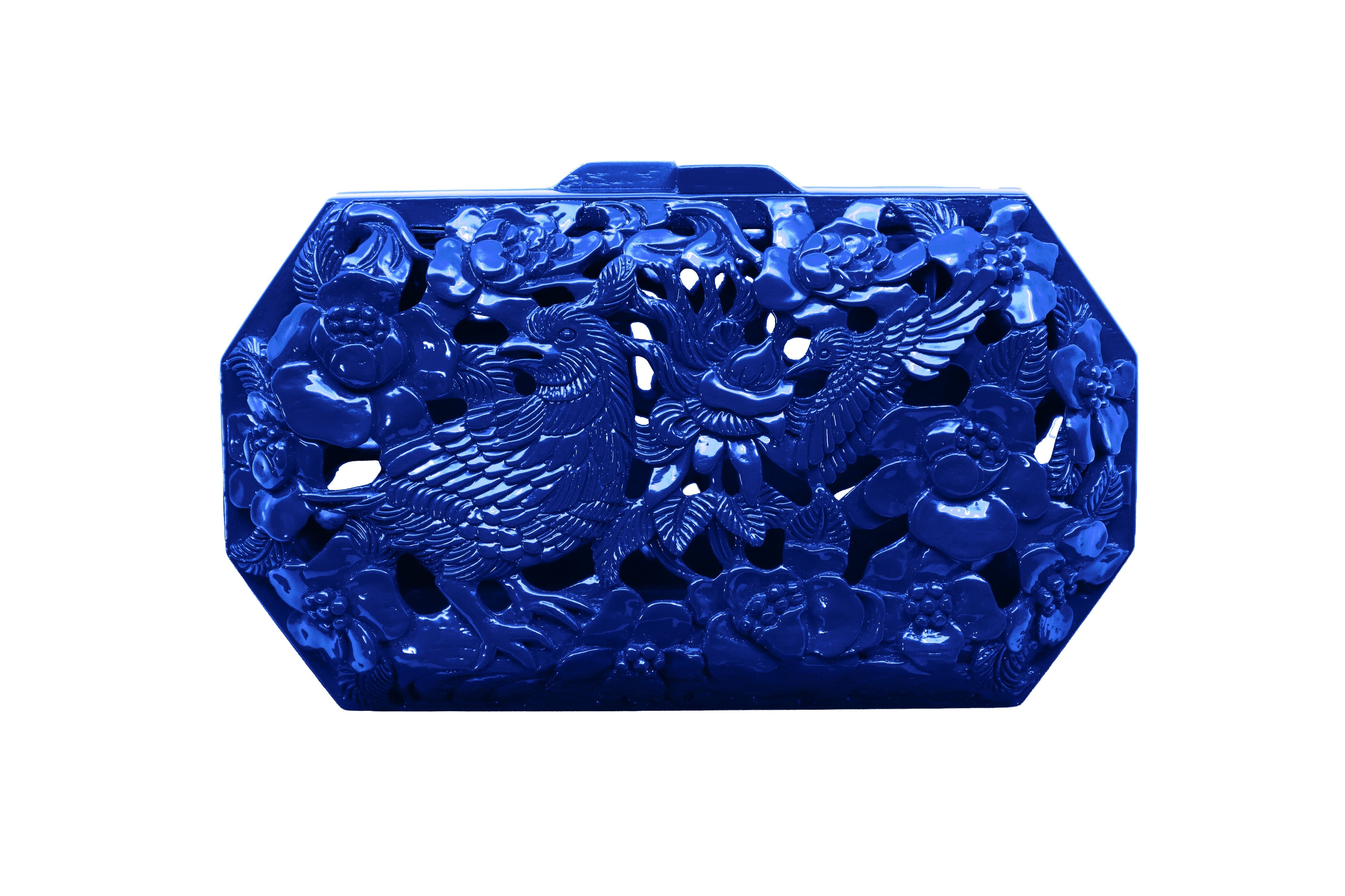 Blue Conference of the Birds Clutch | Hand-Carved Wood Bag by Blumera Blumera