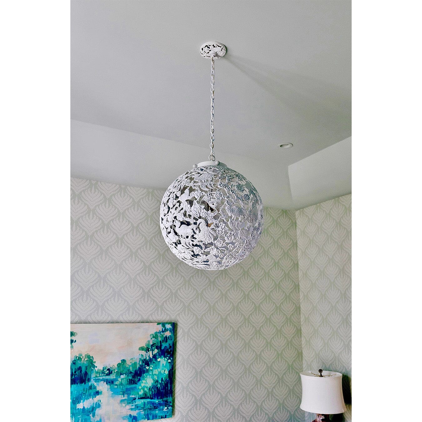 Conference of the Birds Globe Chandelier in Hand-Painted White Lighting Blumera