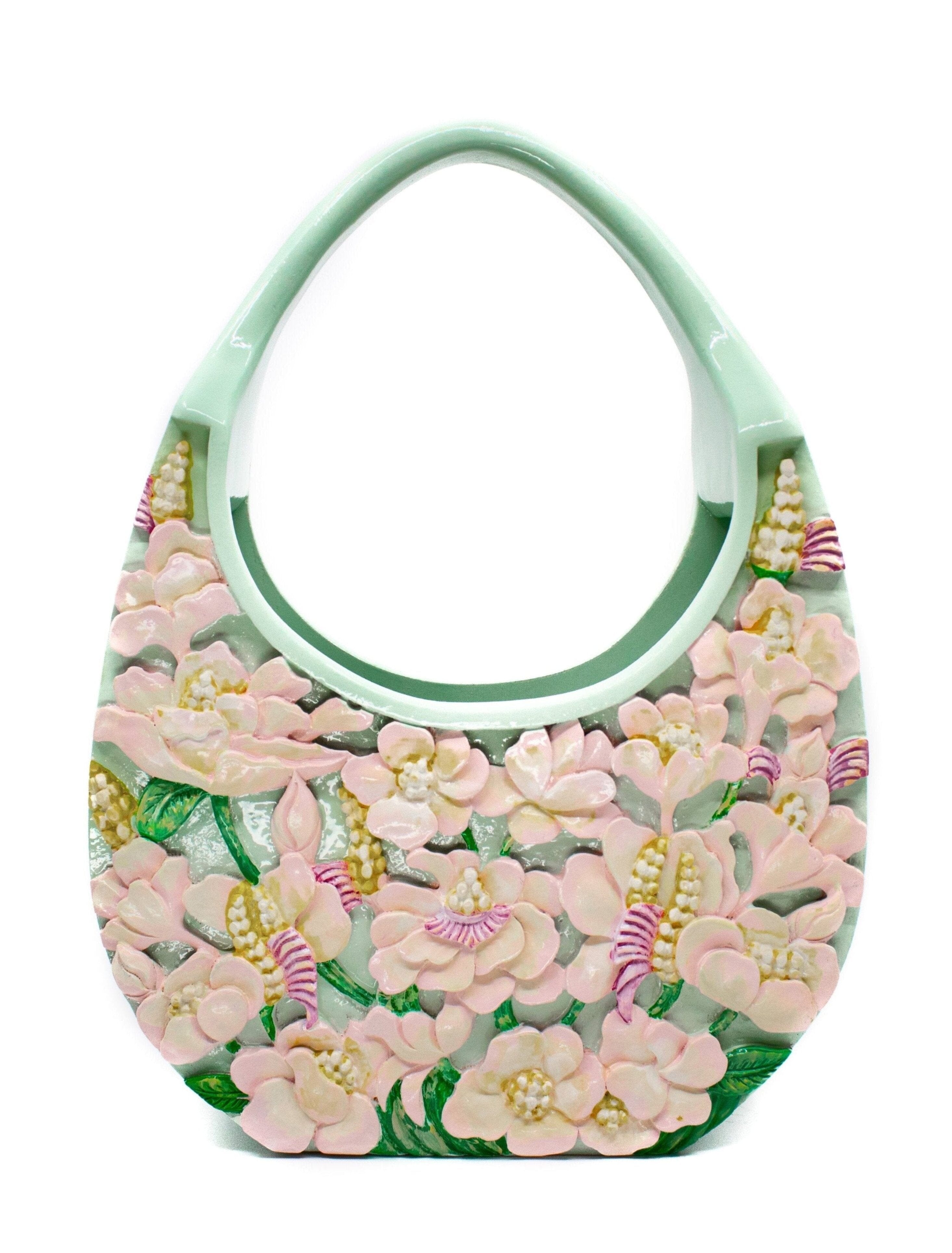 Hand-Carved Poppies Tote - Lacquered Mint Clutch Blumera