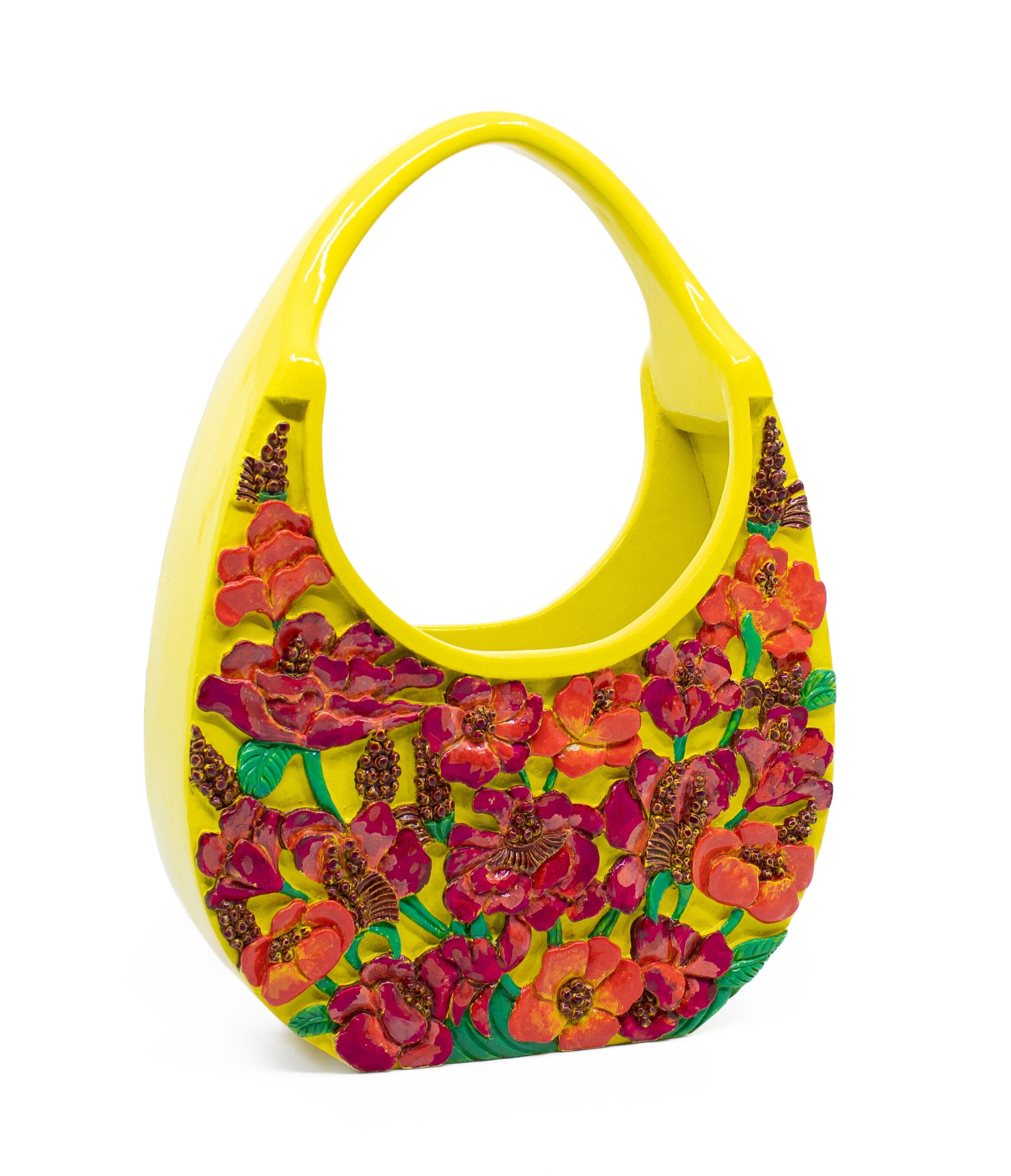 Hand-Carved Poppies Tote - Lacquered Yellow Clutch Blumera
