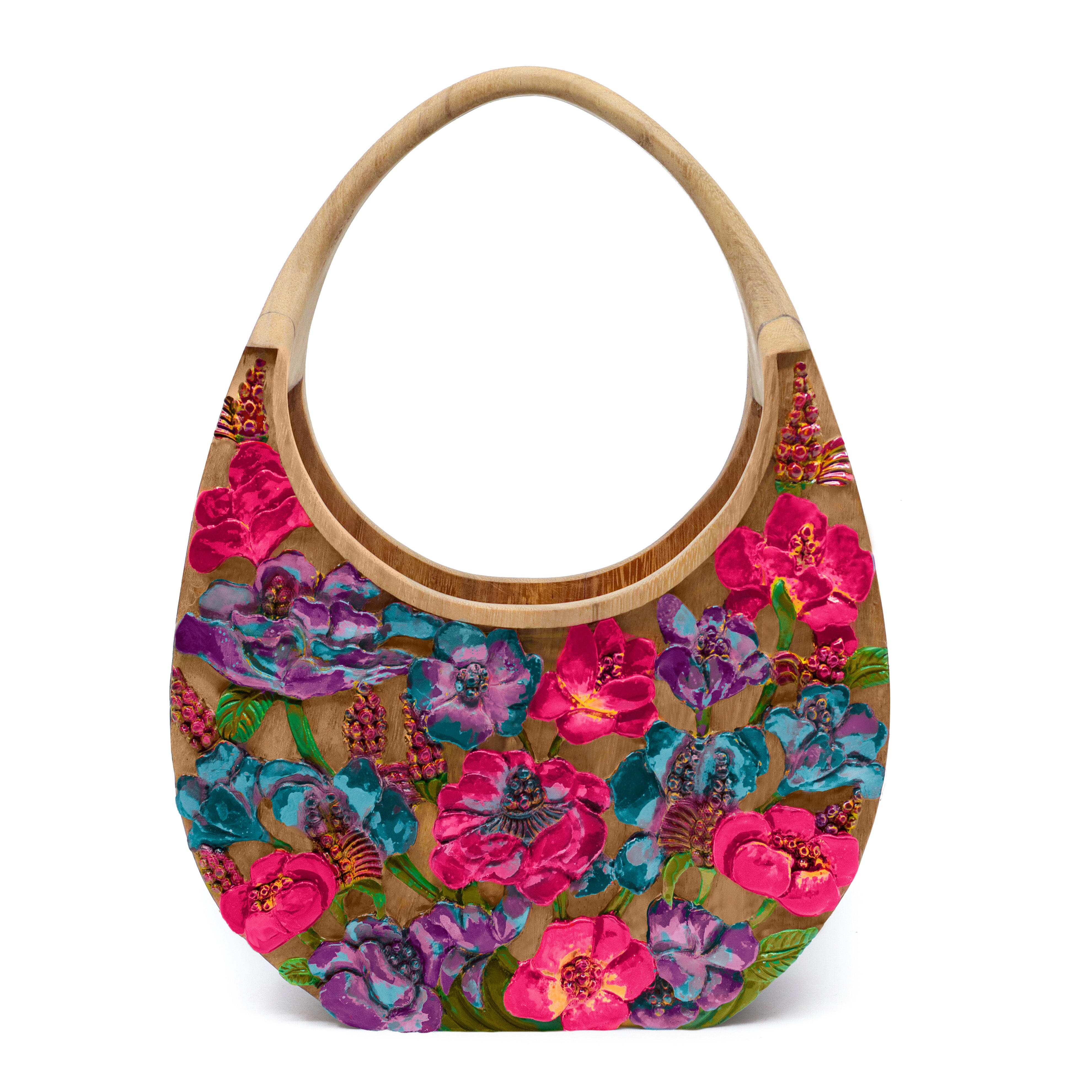 Hand-Carved Poppies Tote - Natural and Multi Color Clutch Blumera