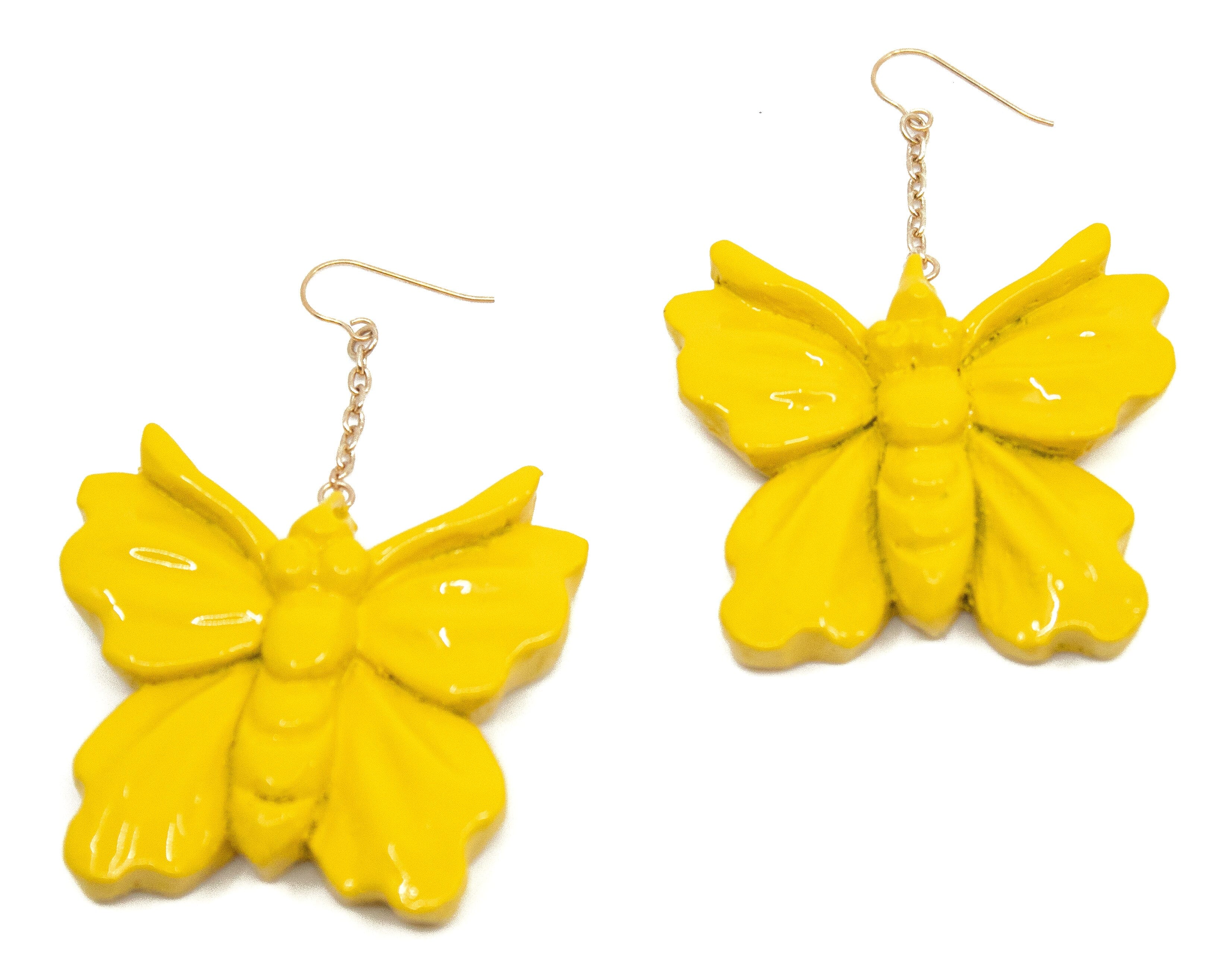 Hand-Carved Yellow Lacquered Wood Earring Rings Blumera