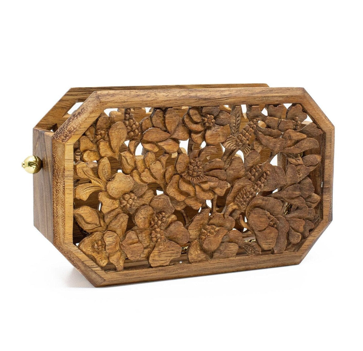 Hollow Poppies Hand-Carved Wood Octagon Clutch Blumera