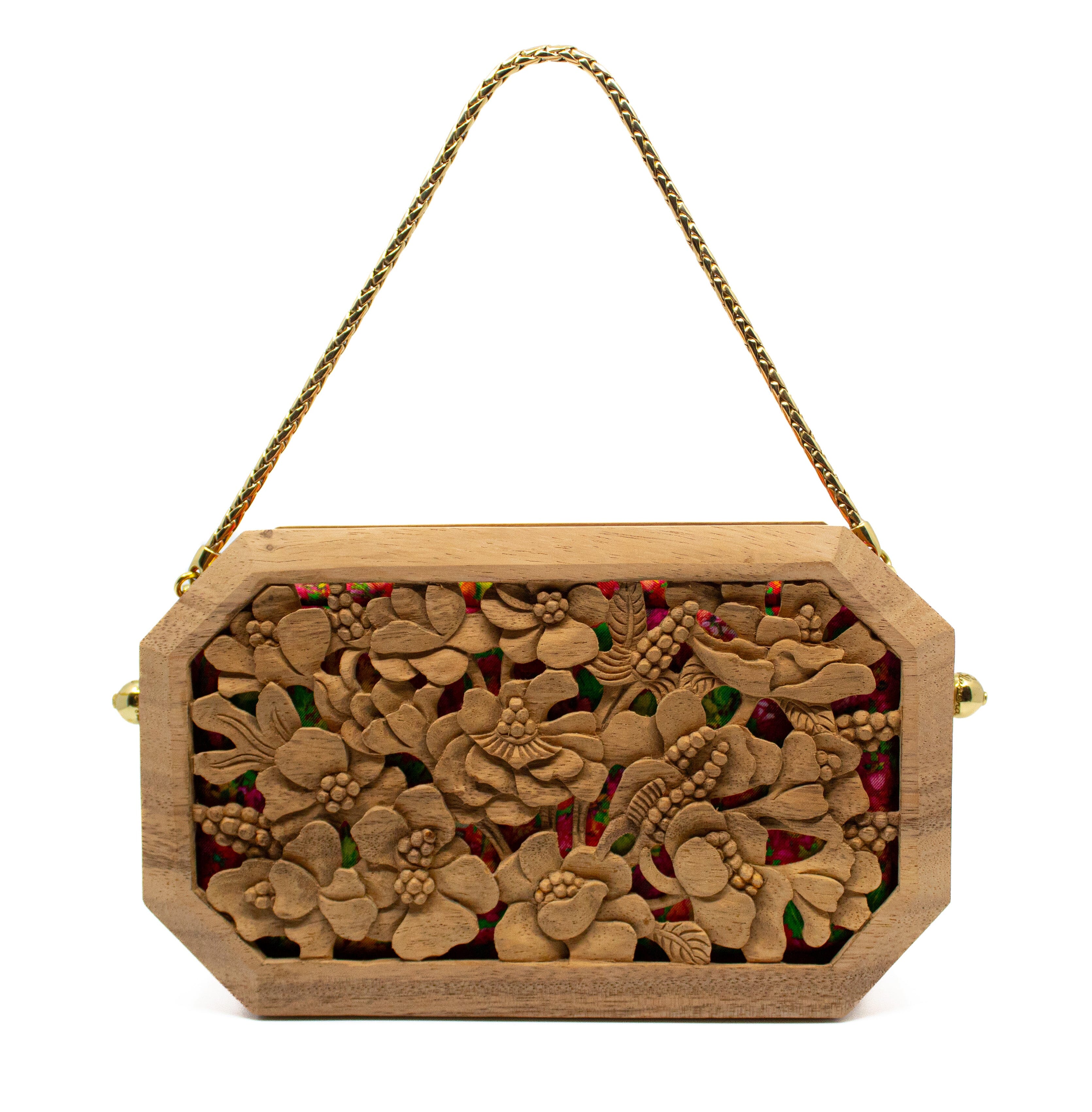 Hollow Poppies Hand-Carved Wood Octagon Clutch Blumera