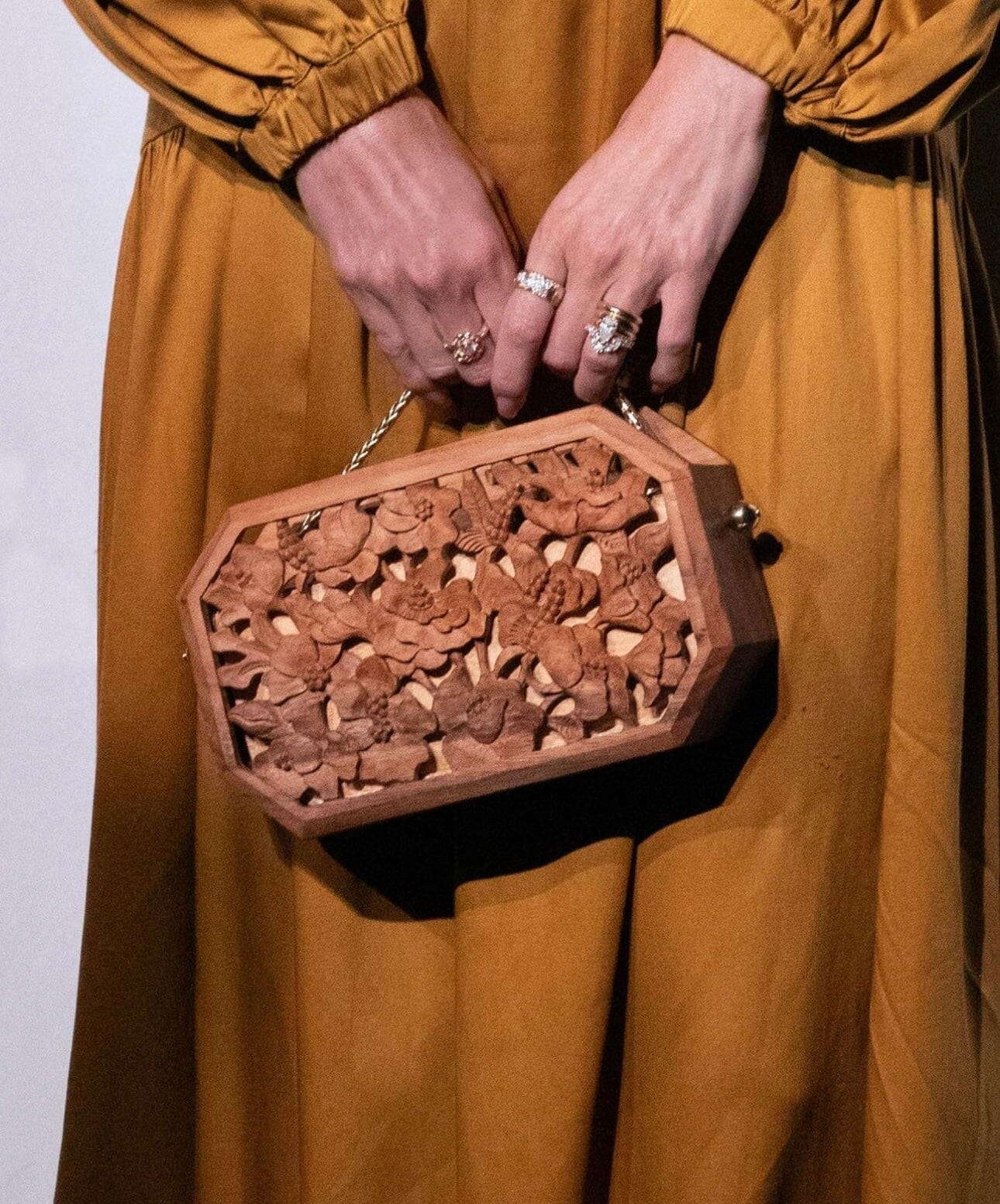 Hollow Poppies Hand-Carved Wood Octagon Clutch Blumera