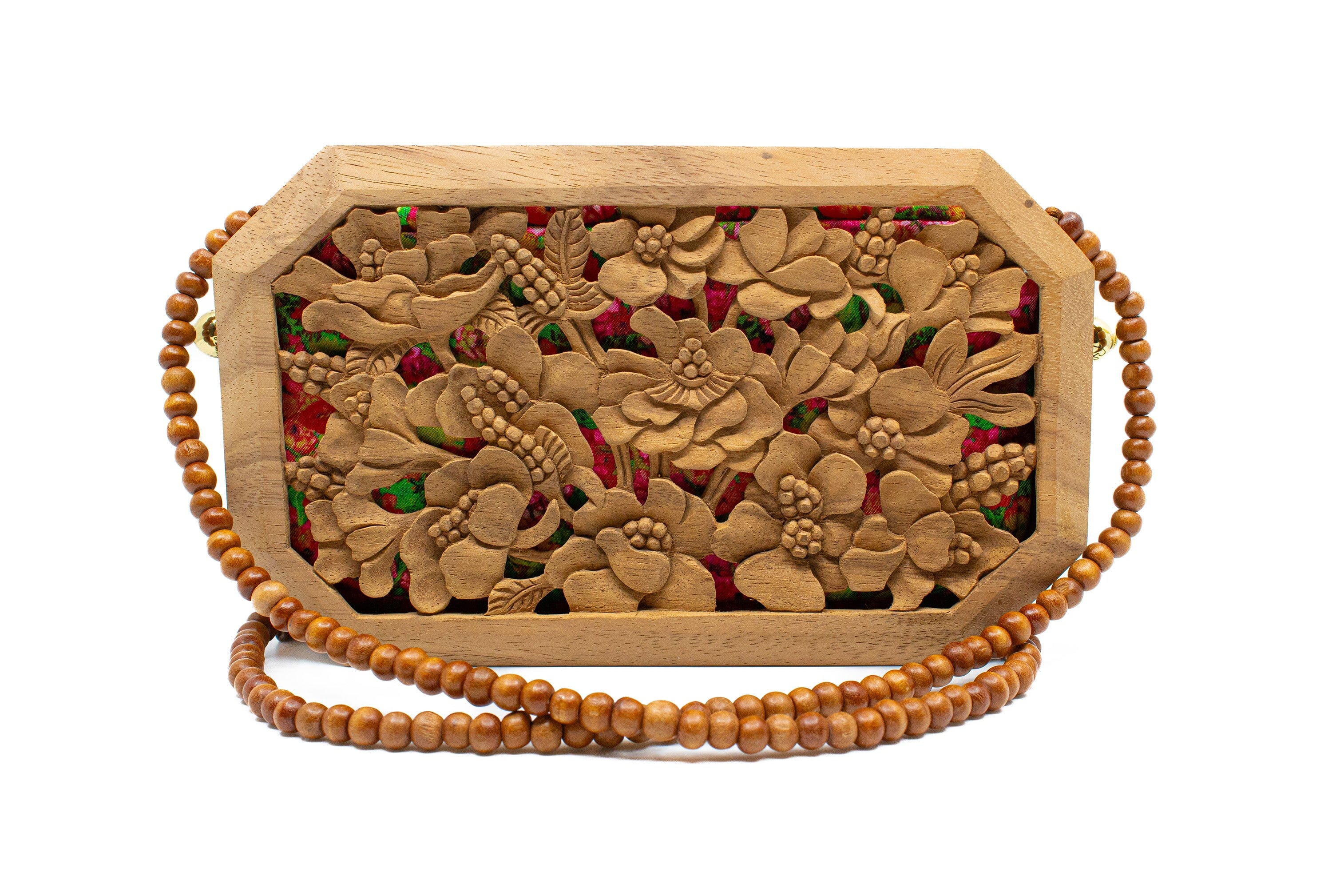 Hollow Poppies Hand-Carved Wood Octagon Clutch Blumera