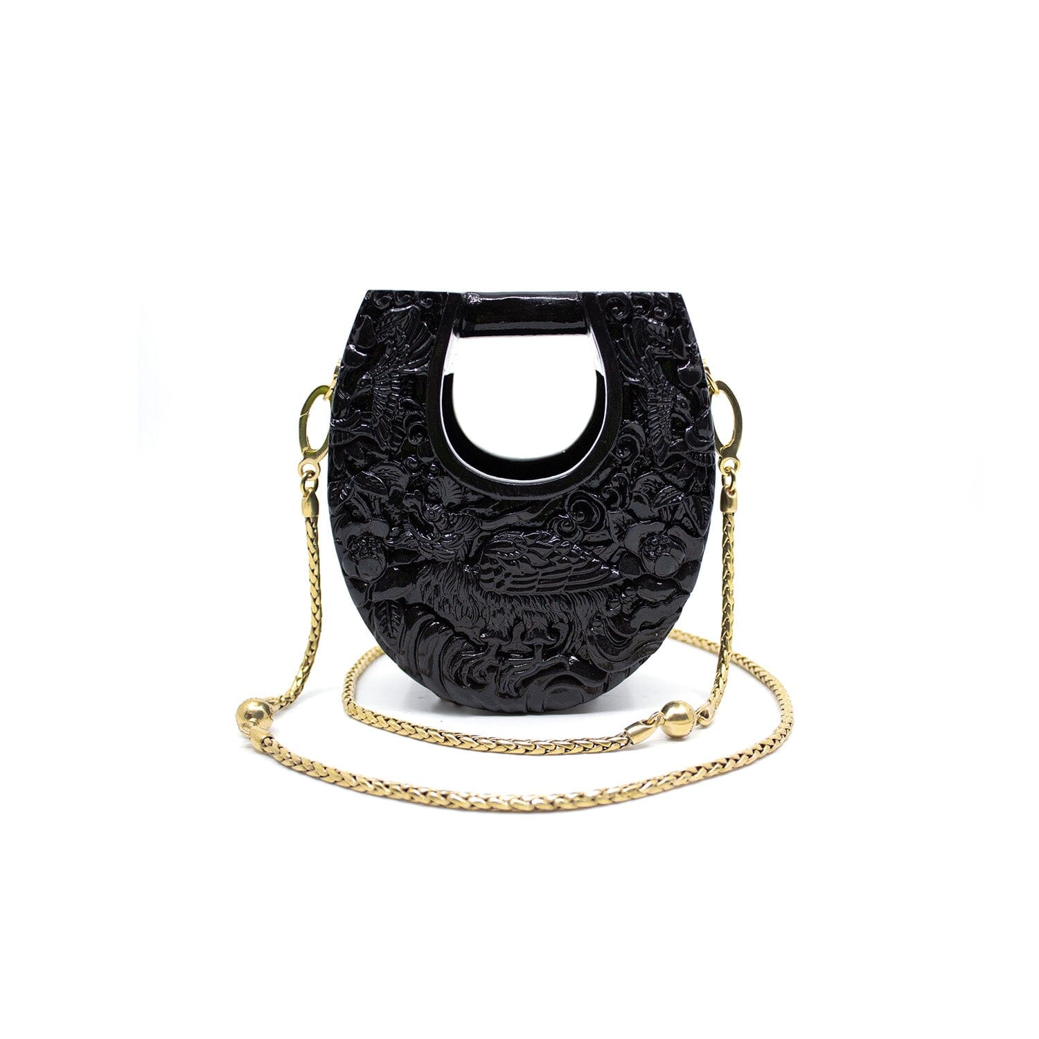 Mini Ushape Hand-Carved Lacquered Conference of the Birds in Black Blumera