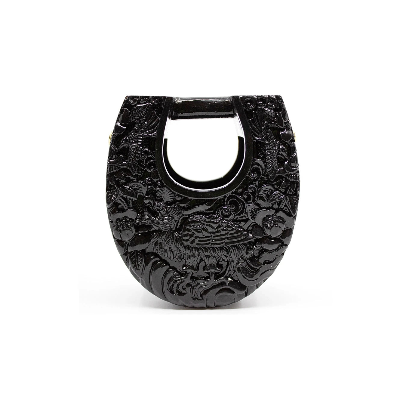 Mini Ushape Hand-Carved Lacquered Conference of the Birds in Black Blumera