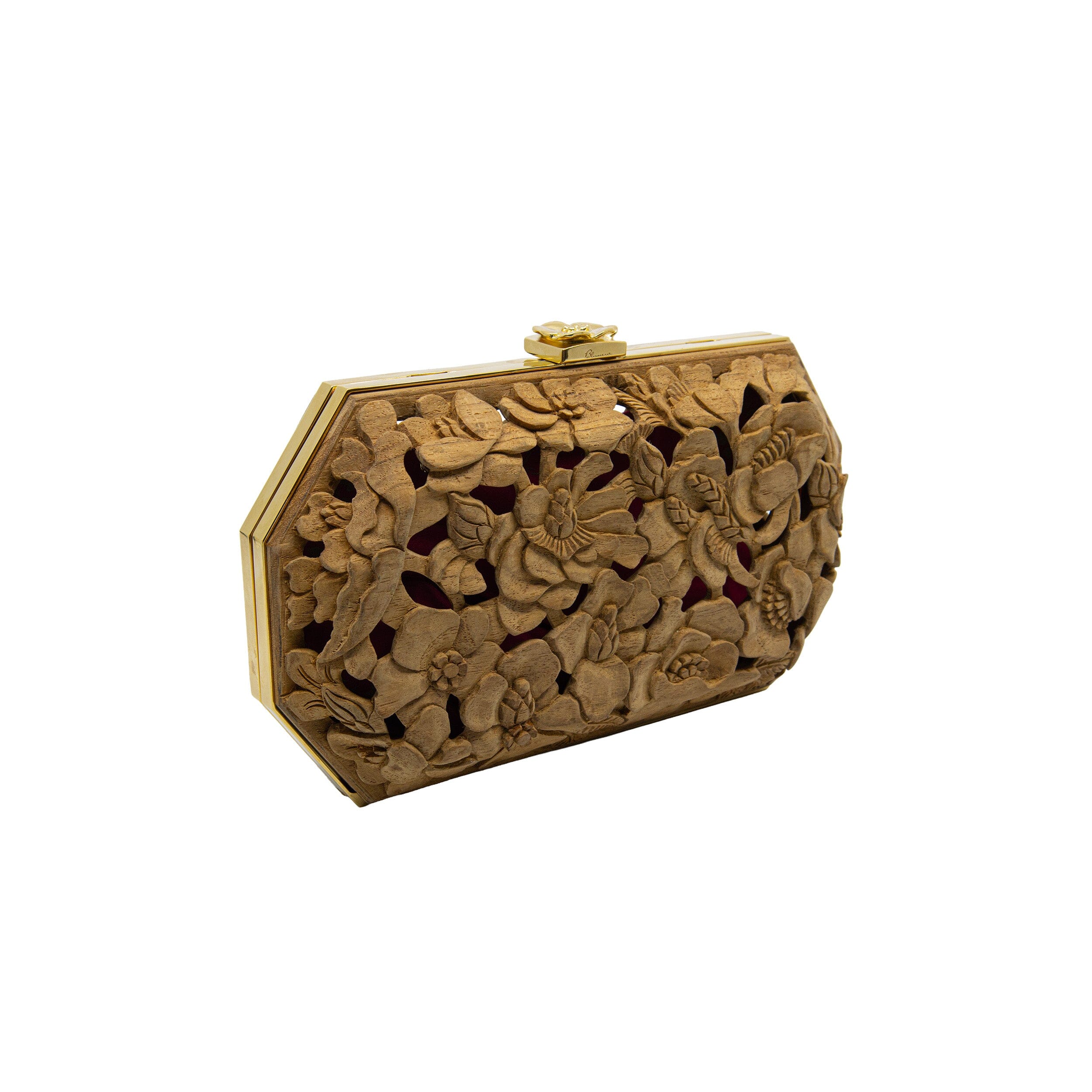 Natural Poppies Brass Framed Clutch | Hand-Carved Wood Bag by Blumera Blumera