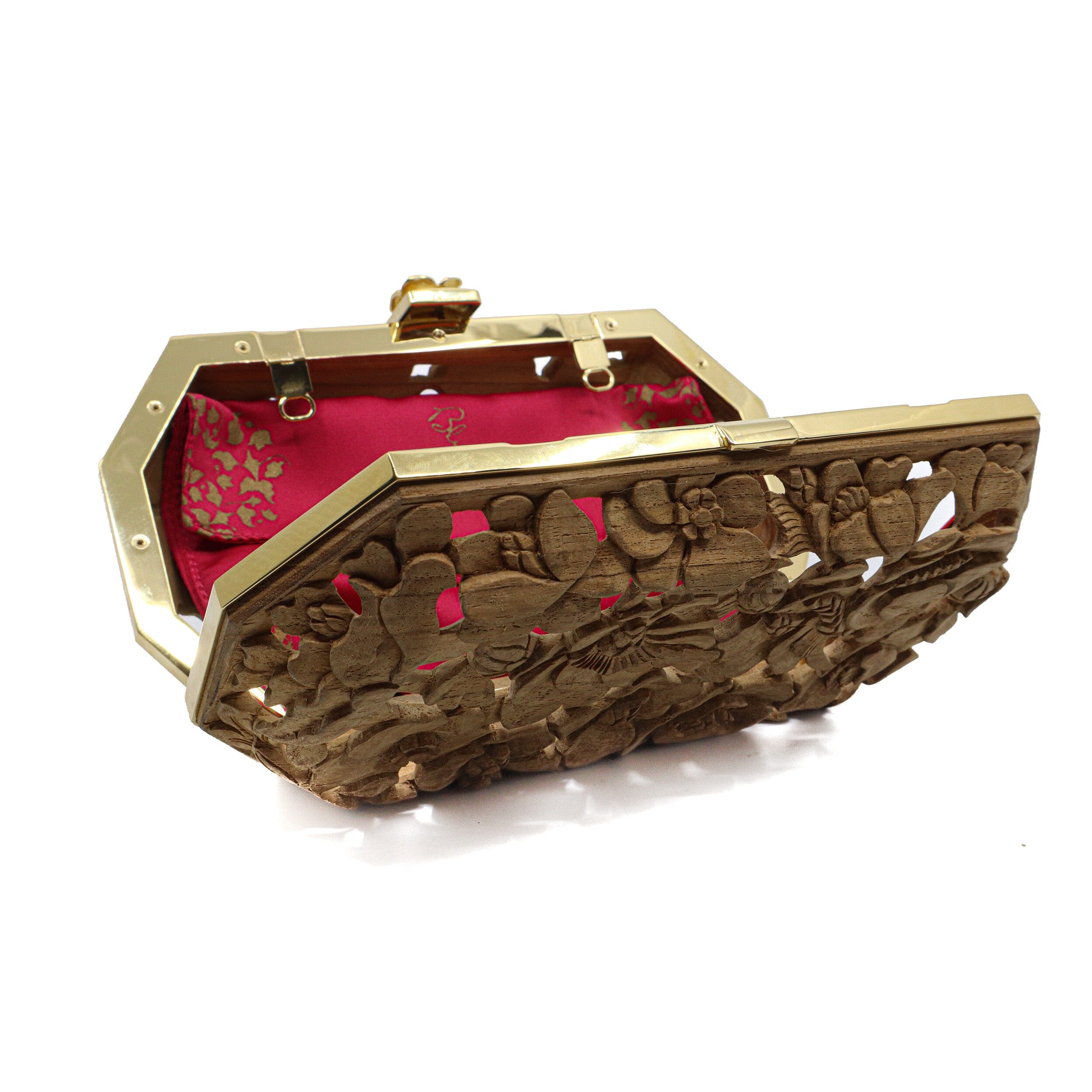 Natural Poppies Brass Framed Clutch | Hand-Carved Wood Bag by Blumera Blumera