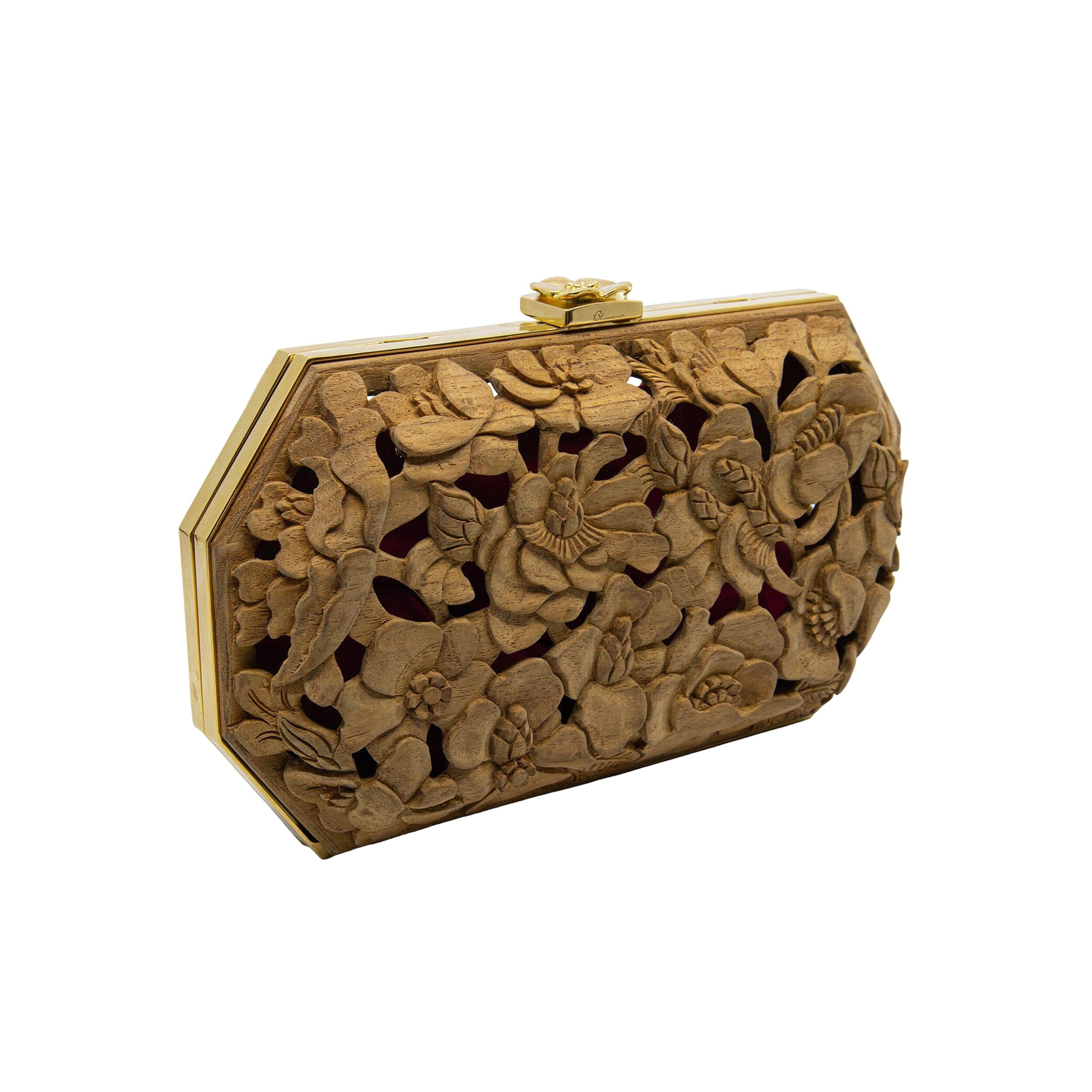 Natural Poppies Brass Framed Clutch | Hand-Carved Wood Bag by Blumera Blumera