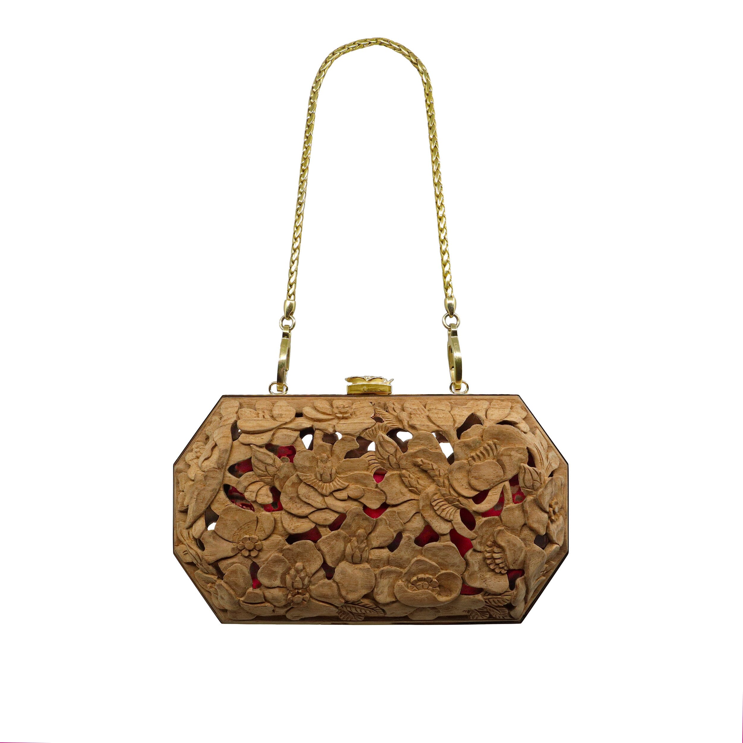 Natural Poppies Brass Framed Clutch | Hand-Carved Wood Bag by Blumera Blumera