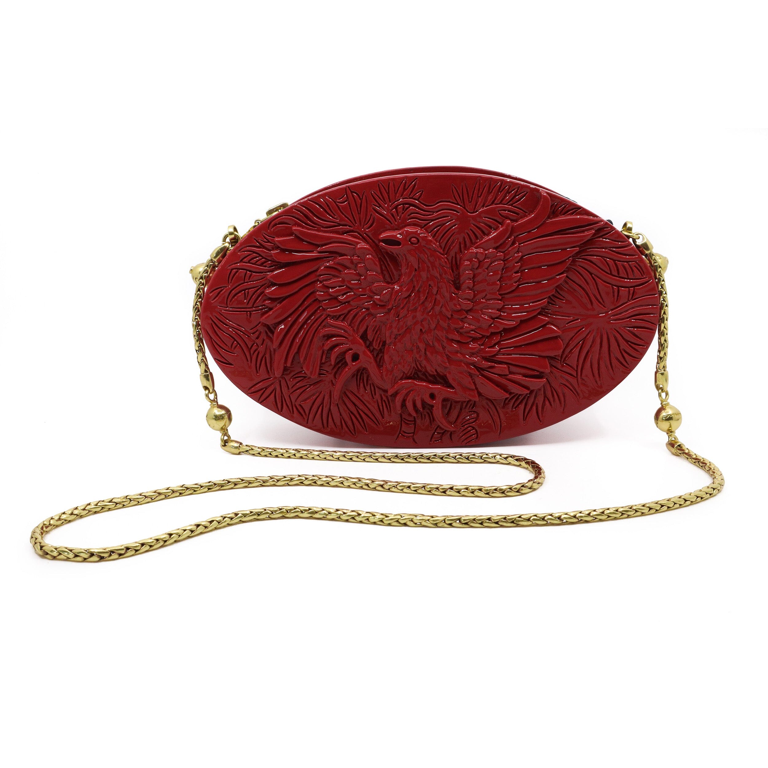Oval Hand-Carved Wood Clutch - Gamecocks in Lacquered Garnet Blumera