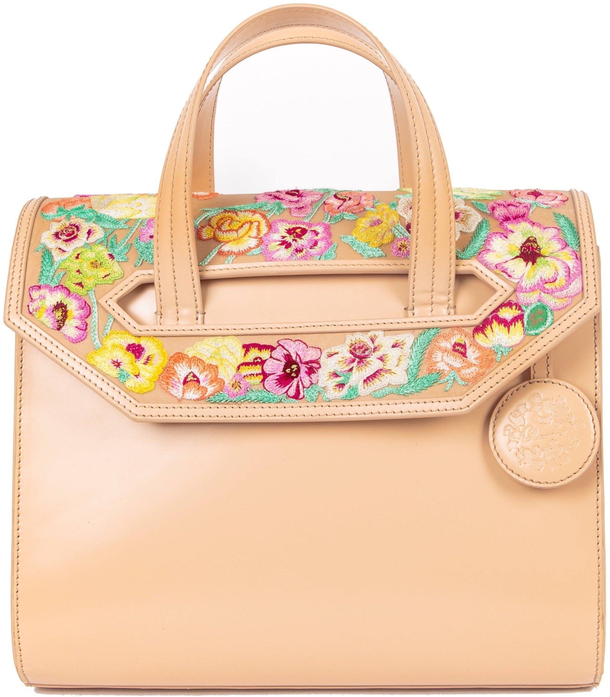 Poppies! Beige Hand-Embroidered Large Satchel Apparel & Accessories Blumera
