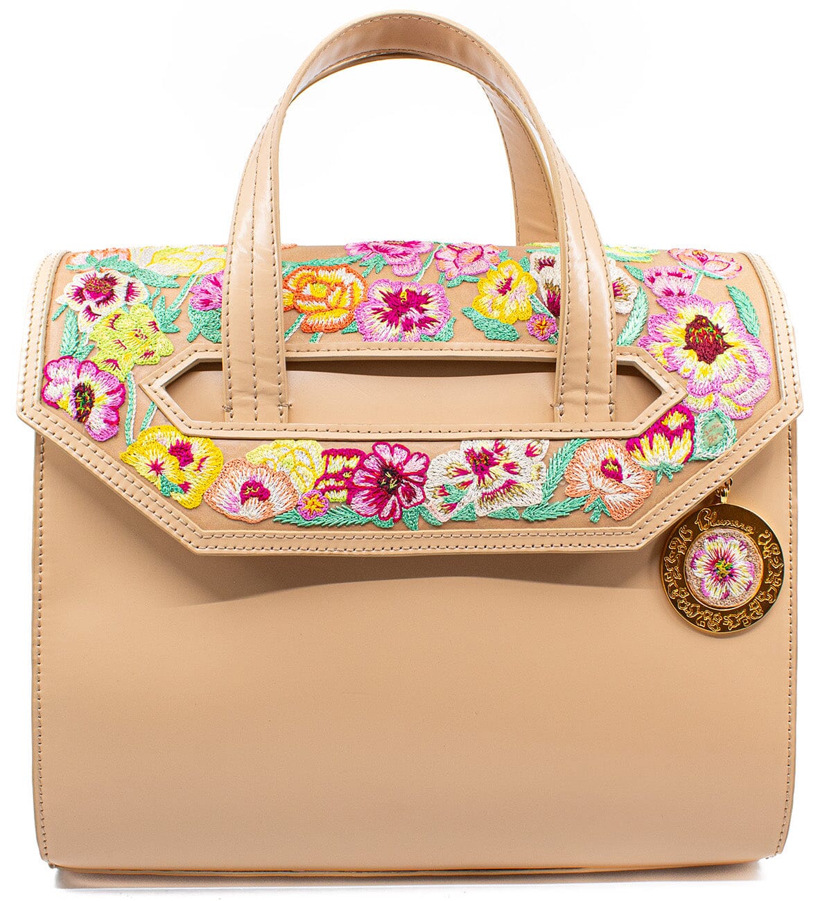 Poppies! Beige Hand-Embroidered Large Satchel Apparel & Accessories Blumera