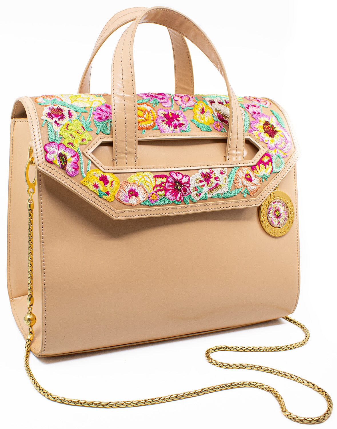 Poppies! Beige Hand-Embroidered Large Satchel Apparel & Accessories Blumera