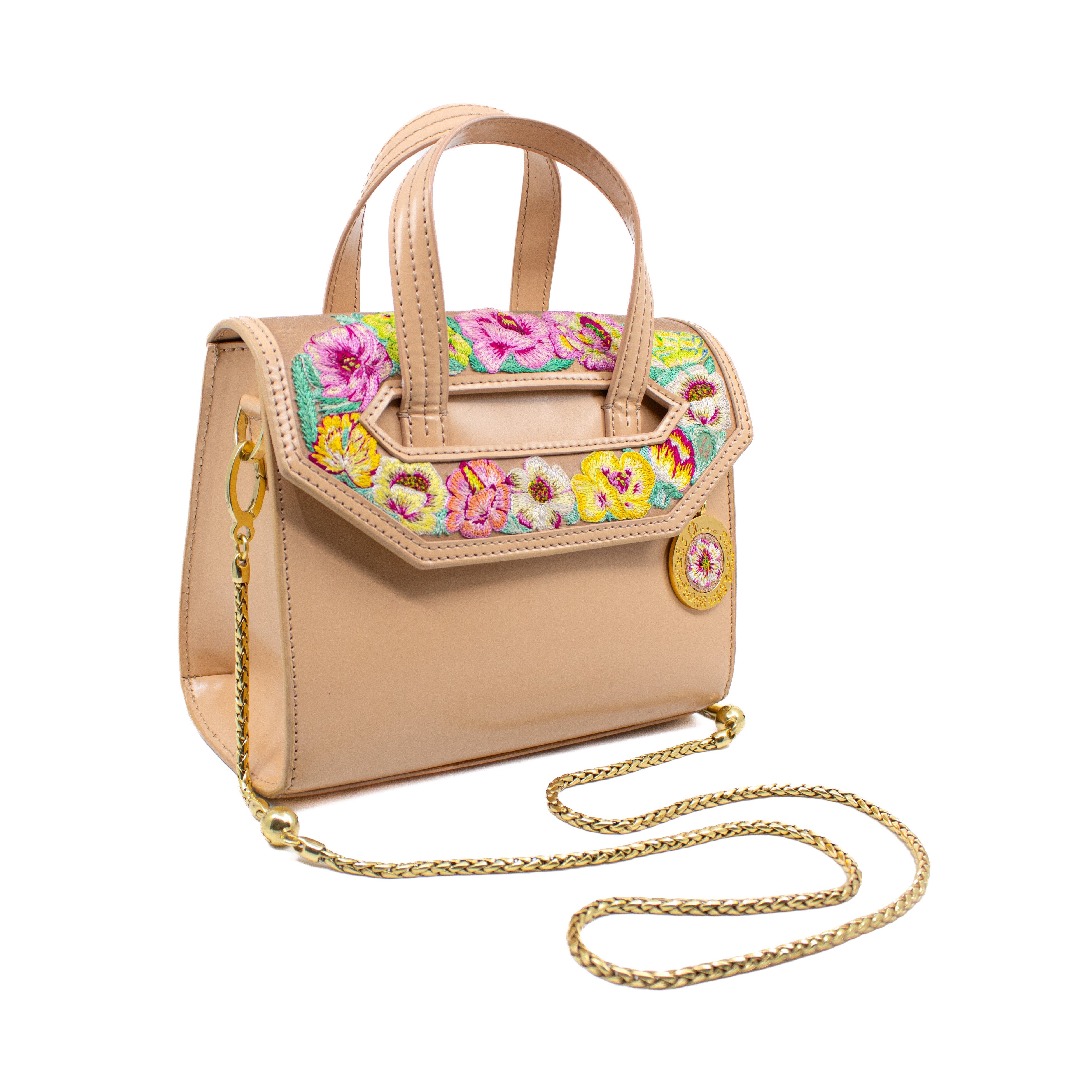 Poppies! Beige Hand-Embroidered Mini Satchel Bags Blumera