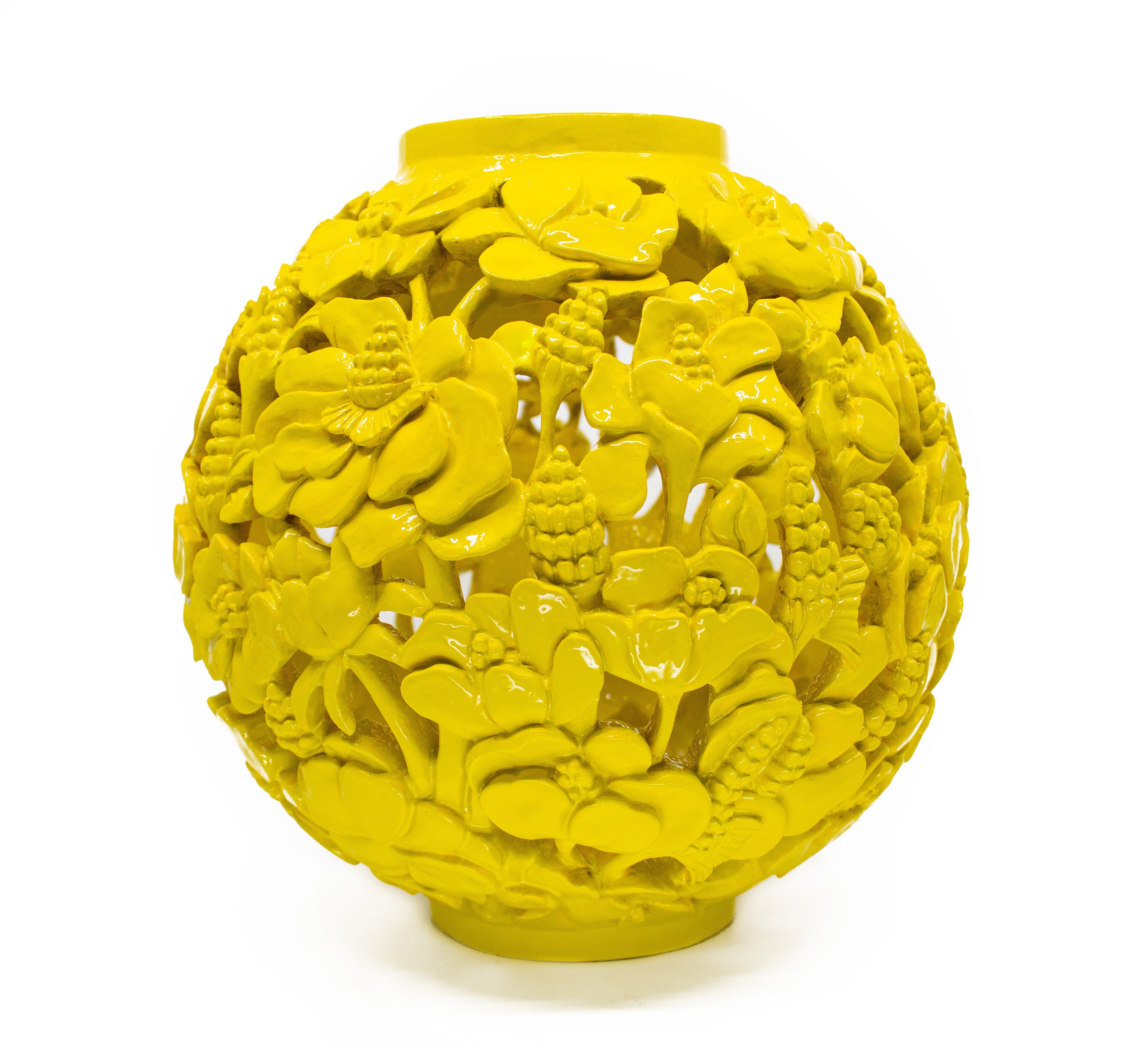 Poppies Carved Wood Vase in Lacquered Yellow Wood Blumera