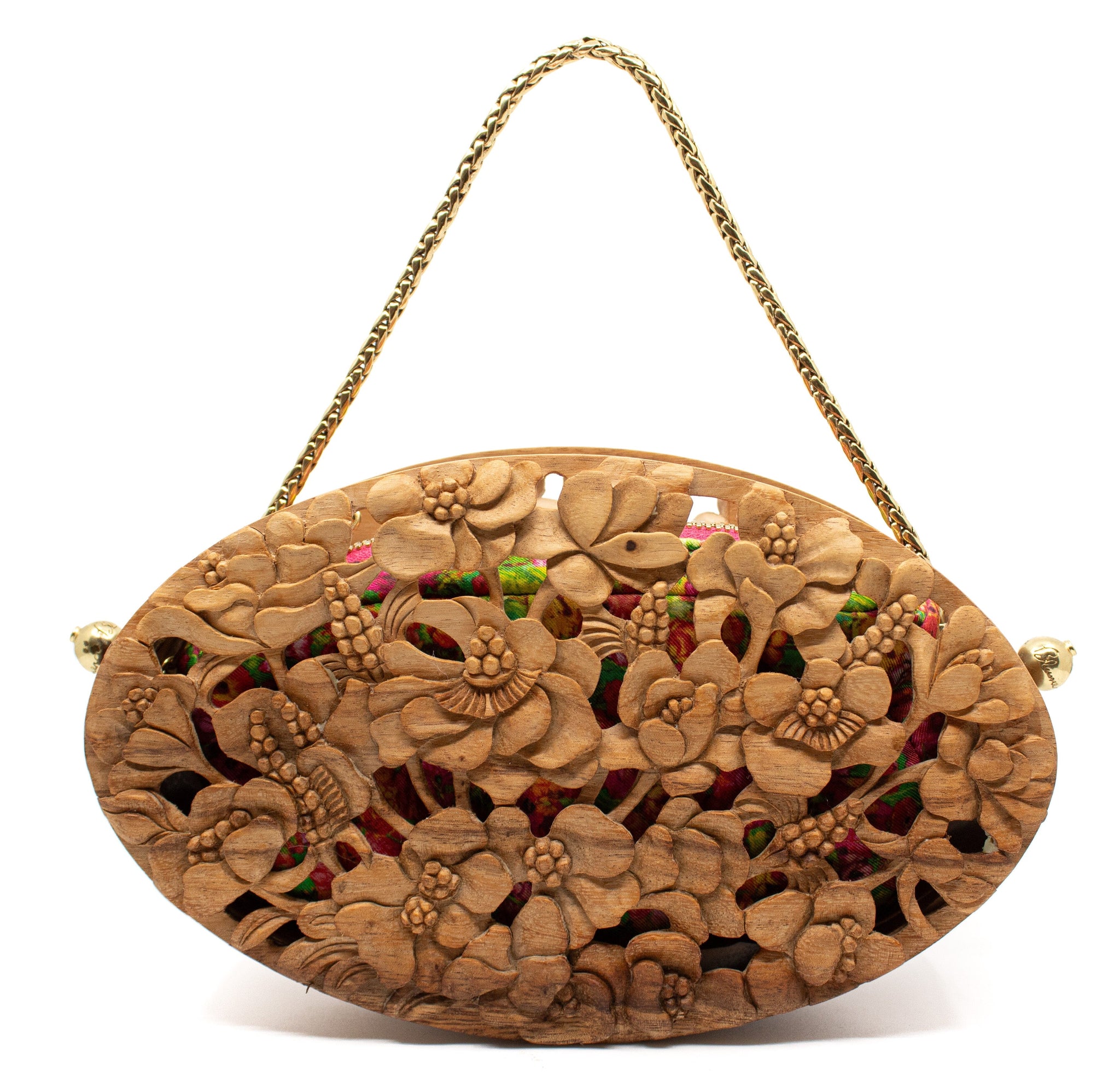 Poppies Oval Hand-Carved Wood Clutch Blumera Hollow Chain Strap 