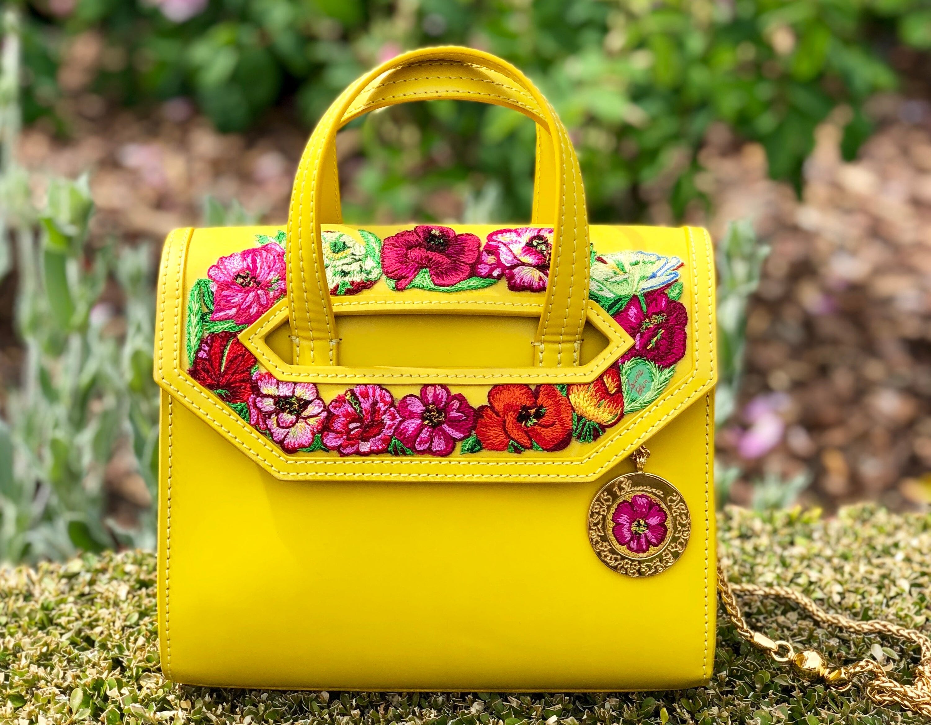 Poppies! Yellow Hand-Embroidered Mini Satchel Bags Blumera