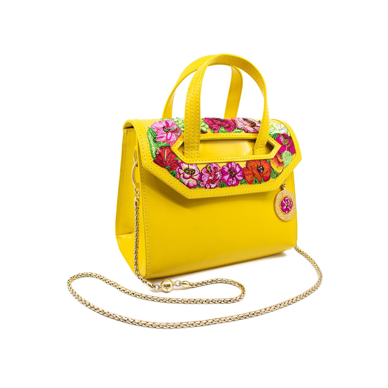 Poppies! Yellow Hand-Embroidered Mini Satchel Bags Blumera