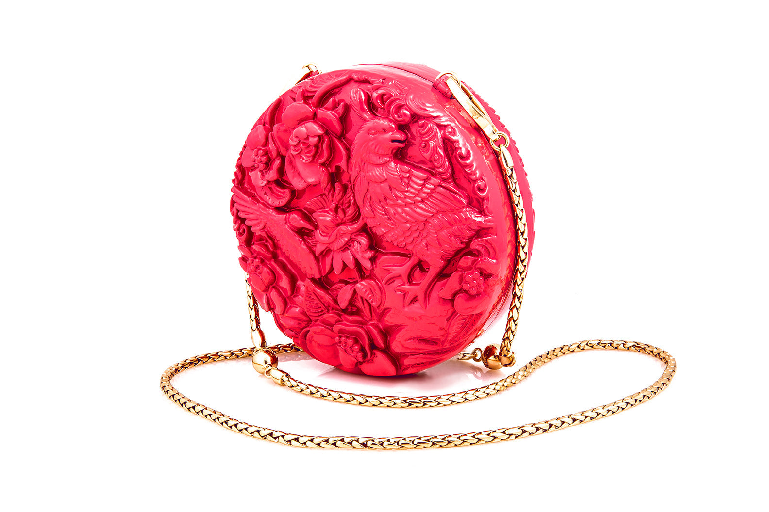 Medium Round Lacquered Hand-Carved Conference of the Bird Blumera Coral Pink Shoulder Strap