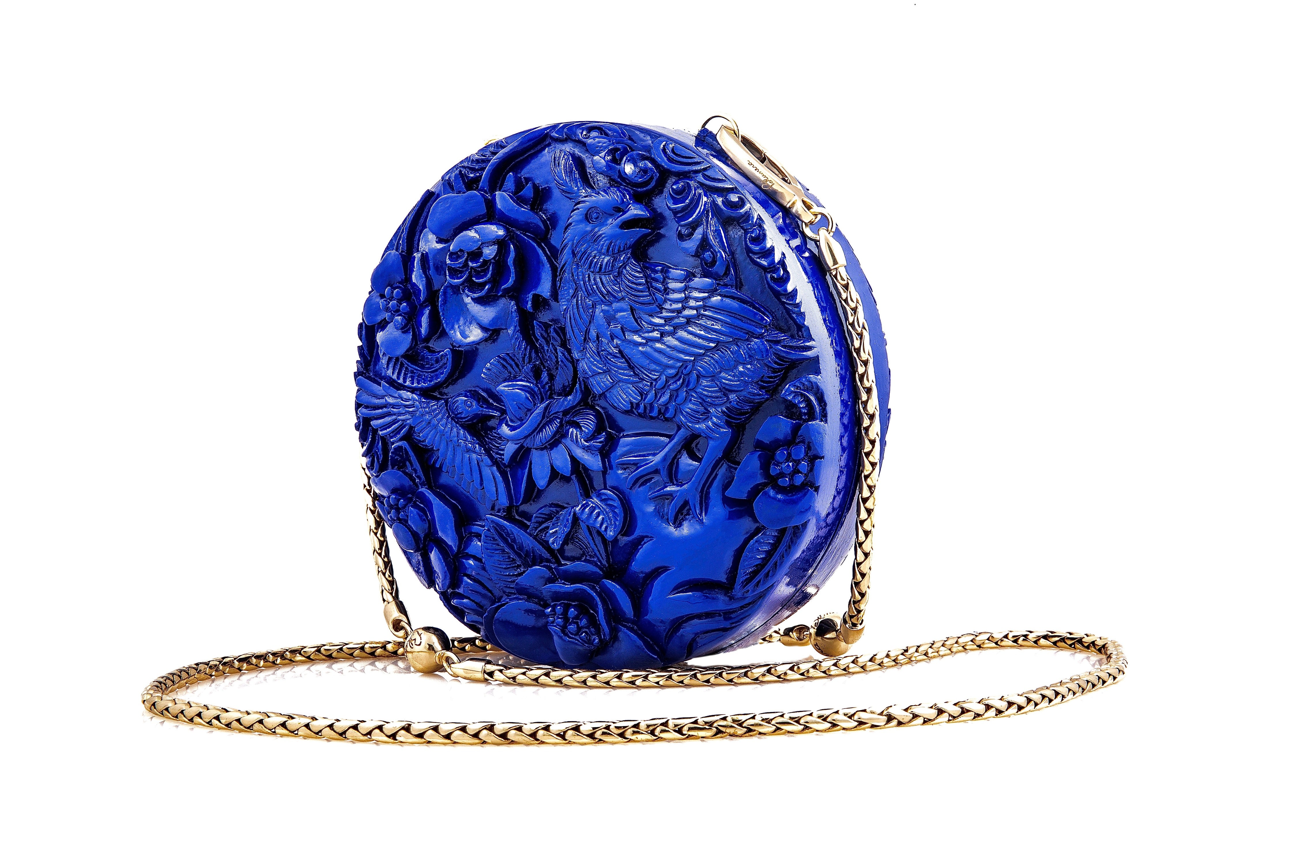 Medium Round Lacquered Hand-Carved Conference of the Bird Blumera Royal Blue Shoulder Strap