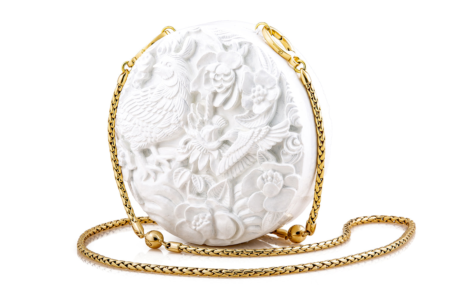 Medium Round Lacquered Hand-Carved Conference of the Bird Blumera White Shoulder Strap