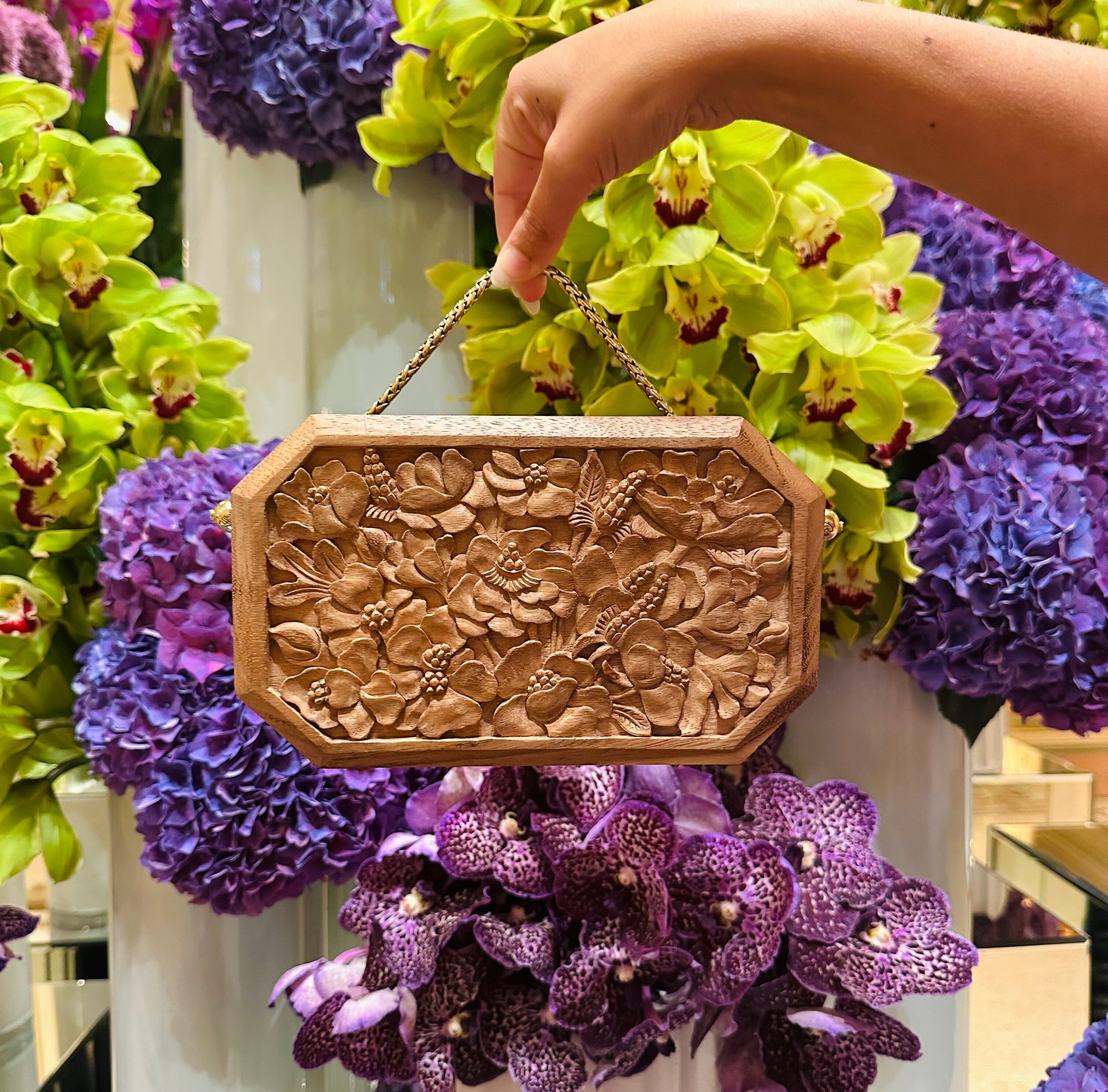 Poppies Hand-Carved Wood Octagon Clutch Blumera 22 cm