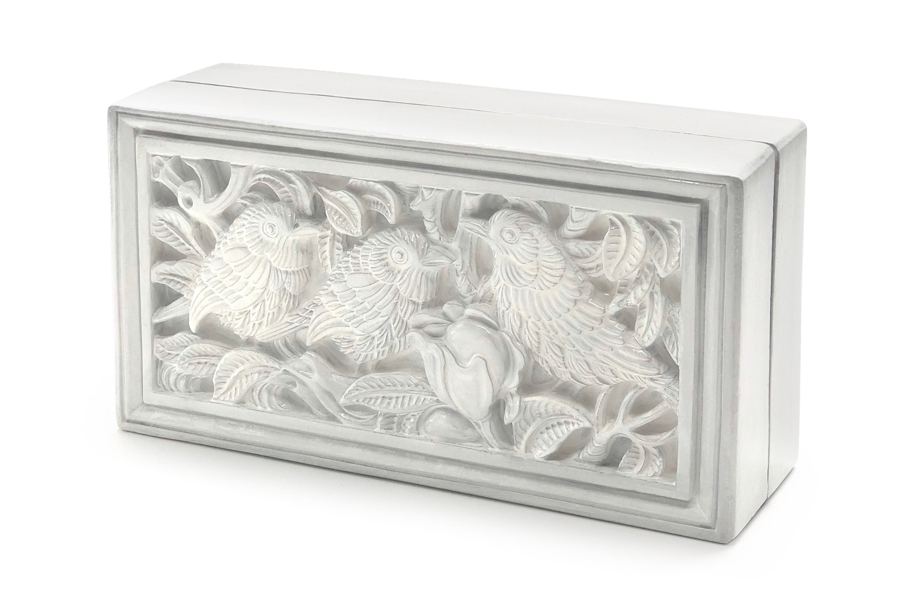 Rectangle Lacquered Hand-Carved Rose and the Nightingale Blumera White