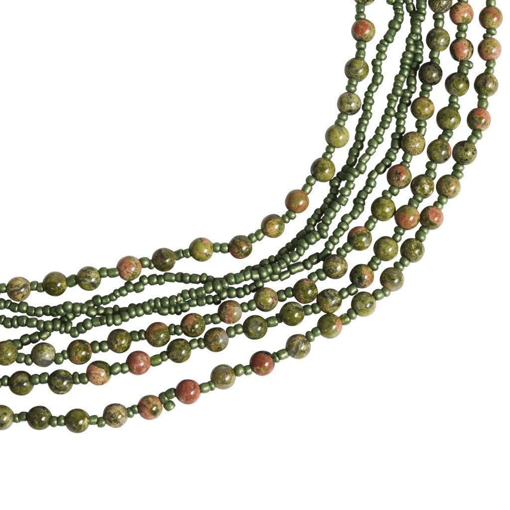 Unakite Stone and Olive Beaded Eight Strand Necklace - Blumera