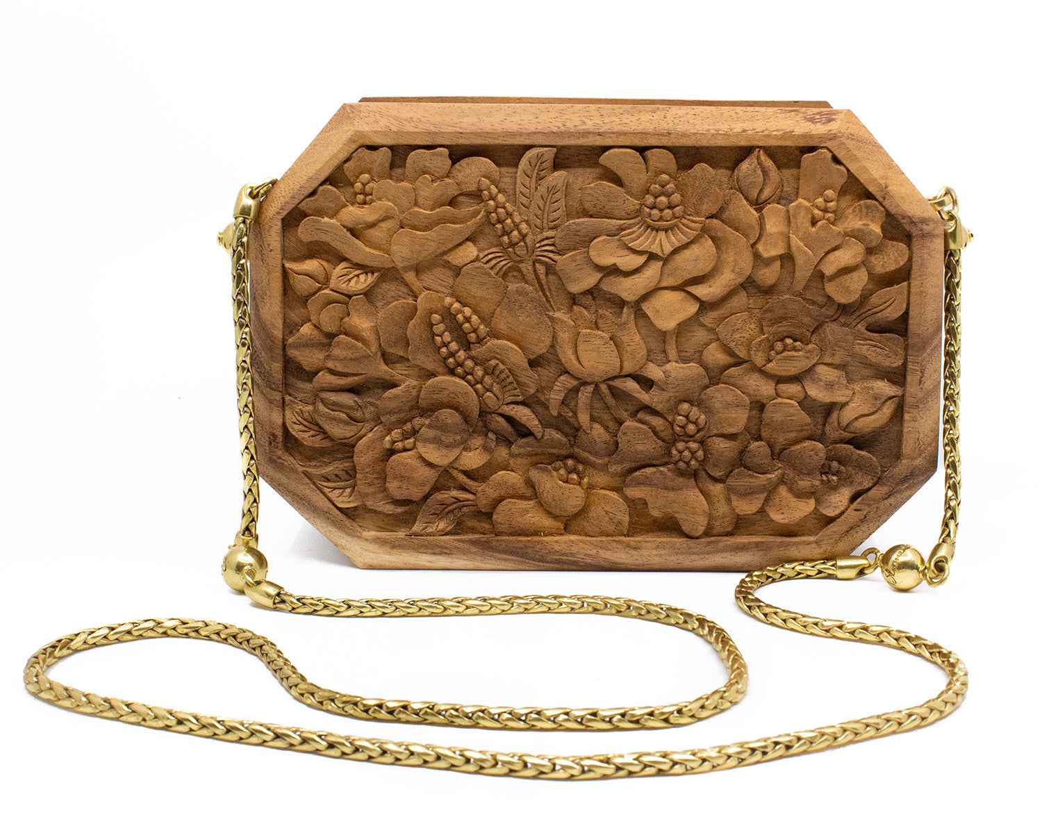 Hollow Poppies Hand-Carved Wood Octagon Clutch