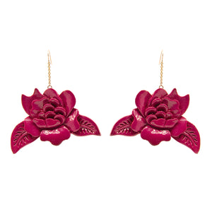 Hand-Carved Magenta Lacquered Wood Earrings