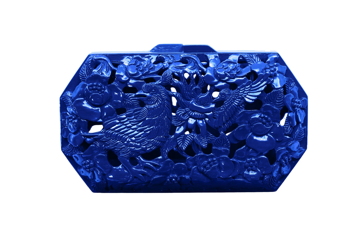 Blue Conference of the Birds Clutch | Hand-Carved Wood Bag by Blumera