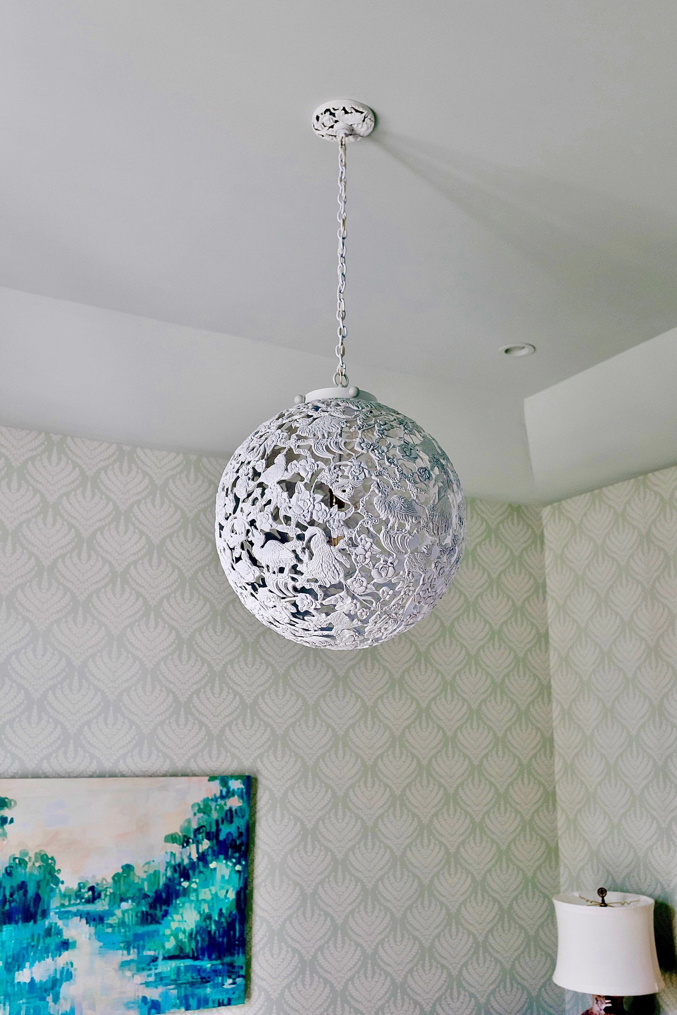 Conference of the Birds Globe Chandelier in Hand-Painted White Lighting Blumera 