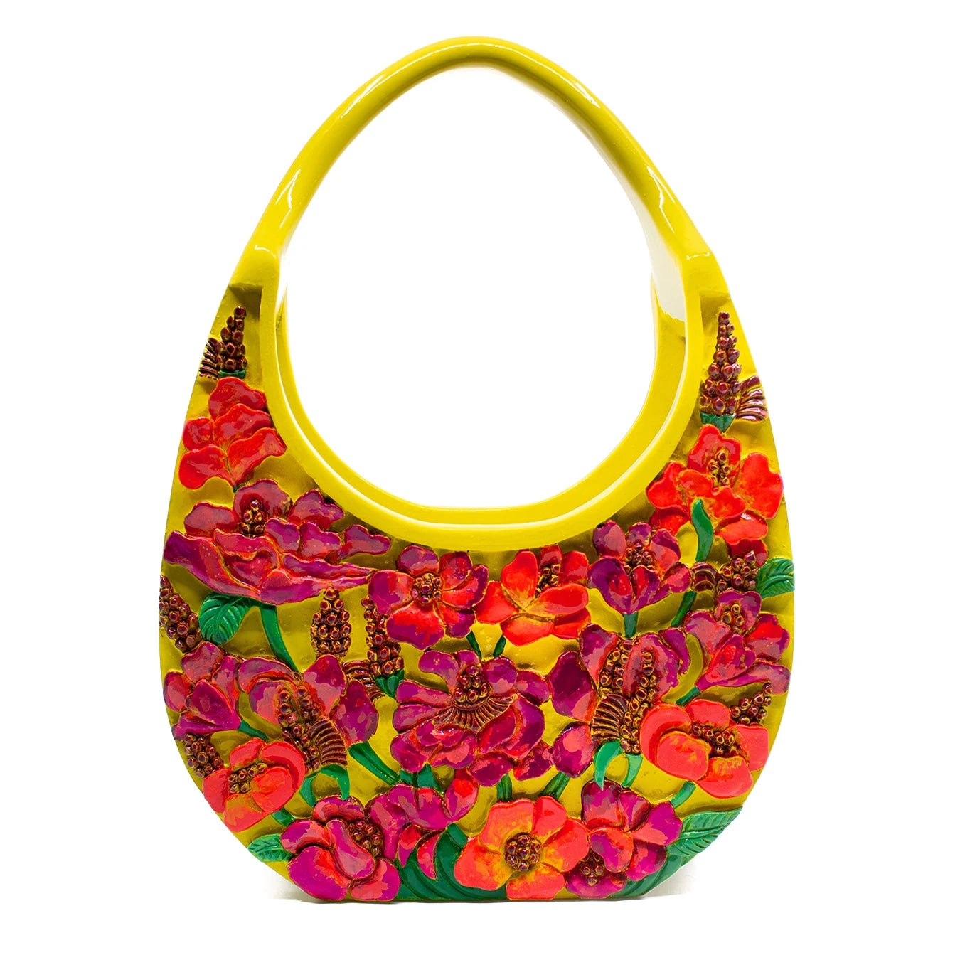 Hand-Carved Poppies Tote - Lacquered Yellow Clutch Blumera 