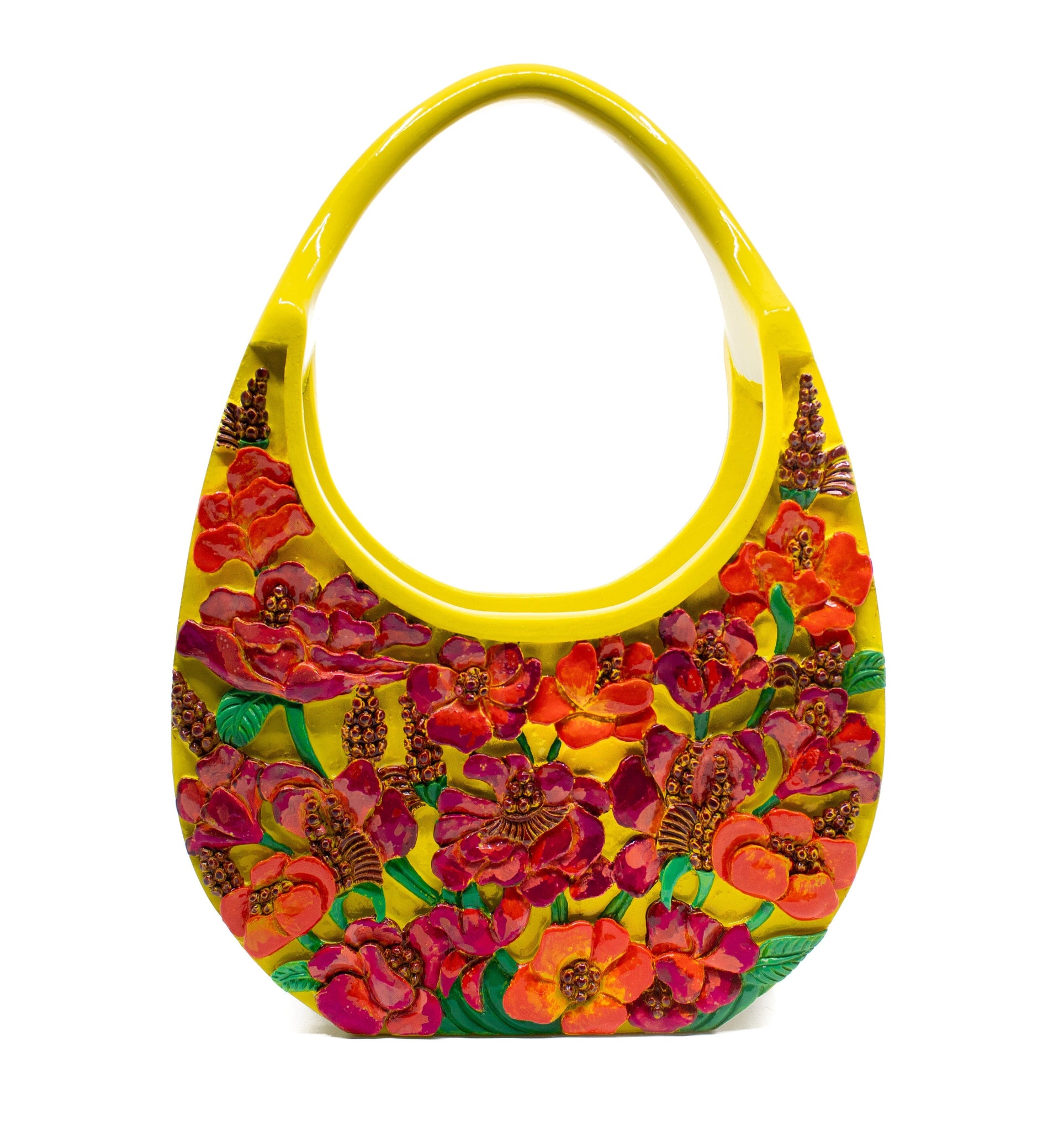 Hand-Carved Poppies Tote - Lacquered Yellow Clutch Blumera 