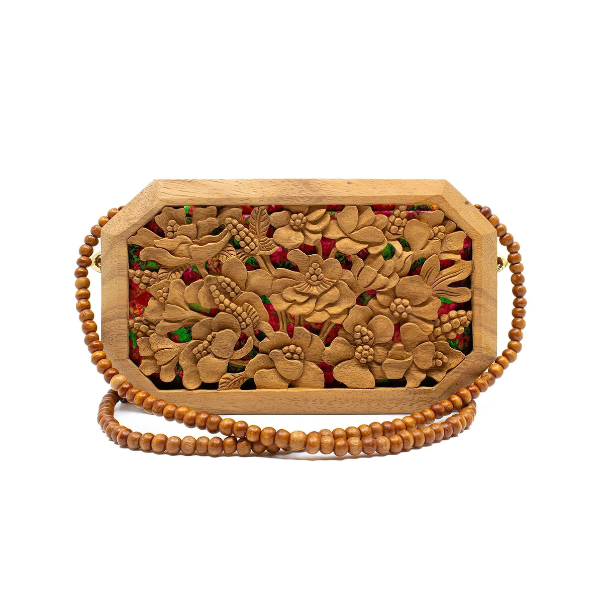 Natural Poppies Octagon Open Clutch | Hand-Carved Wood Bag by Blumera