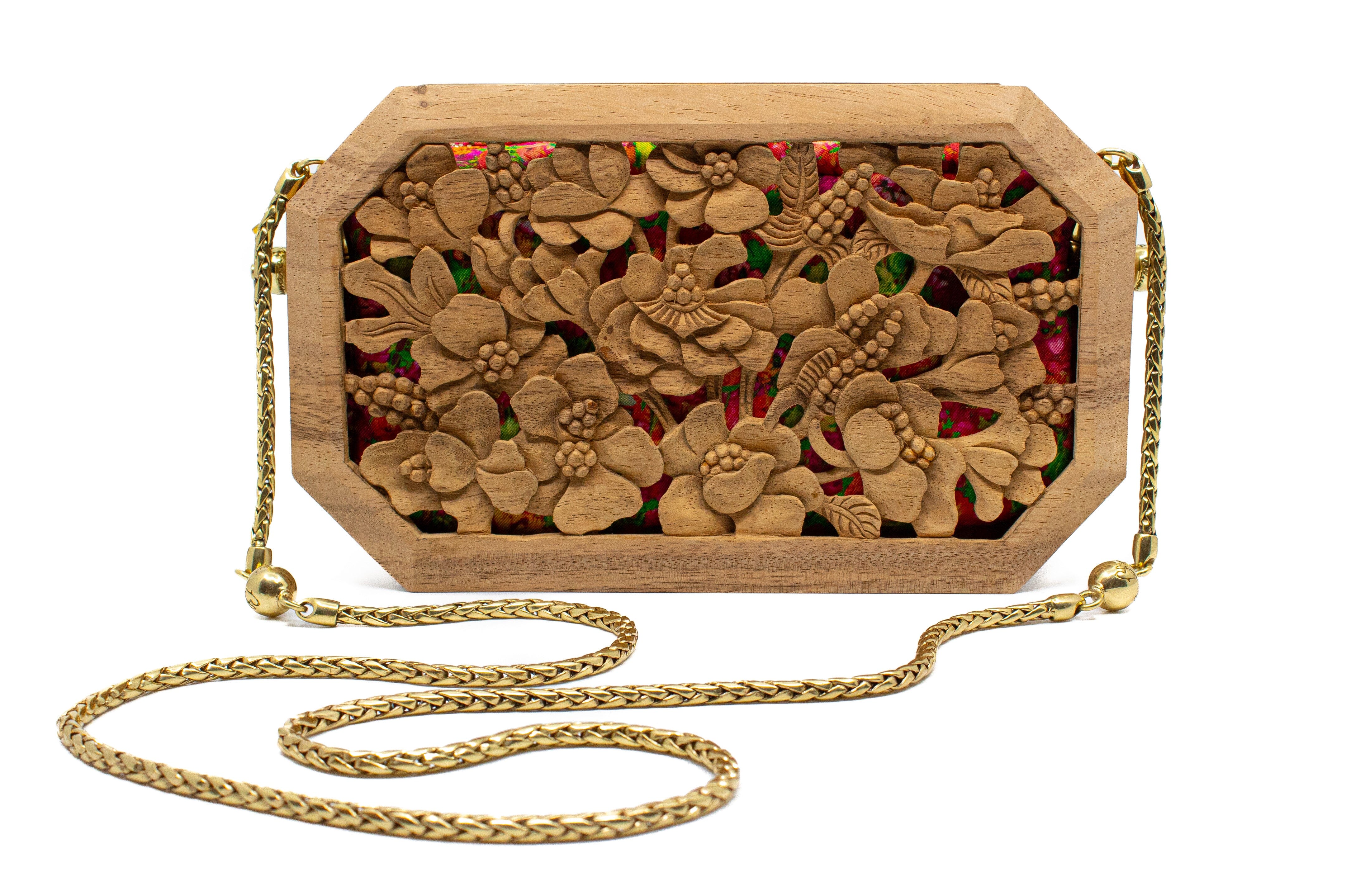 Hollow Poppies Hand-Carved Wood Octagon Clutch Blumera 