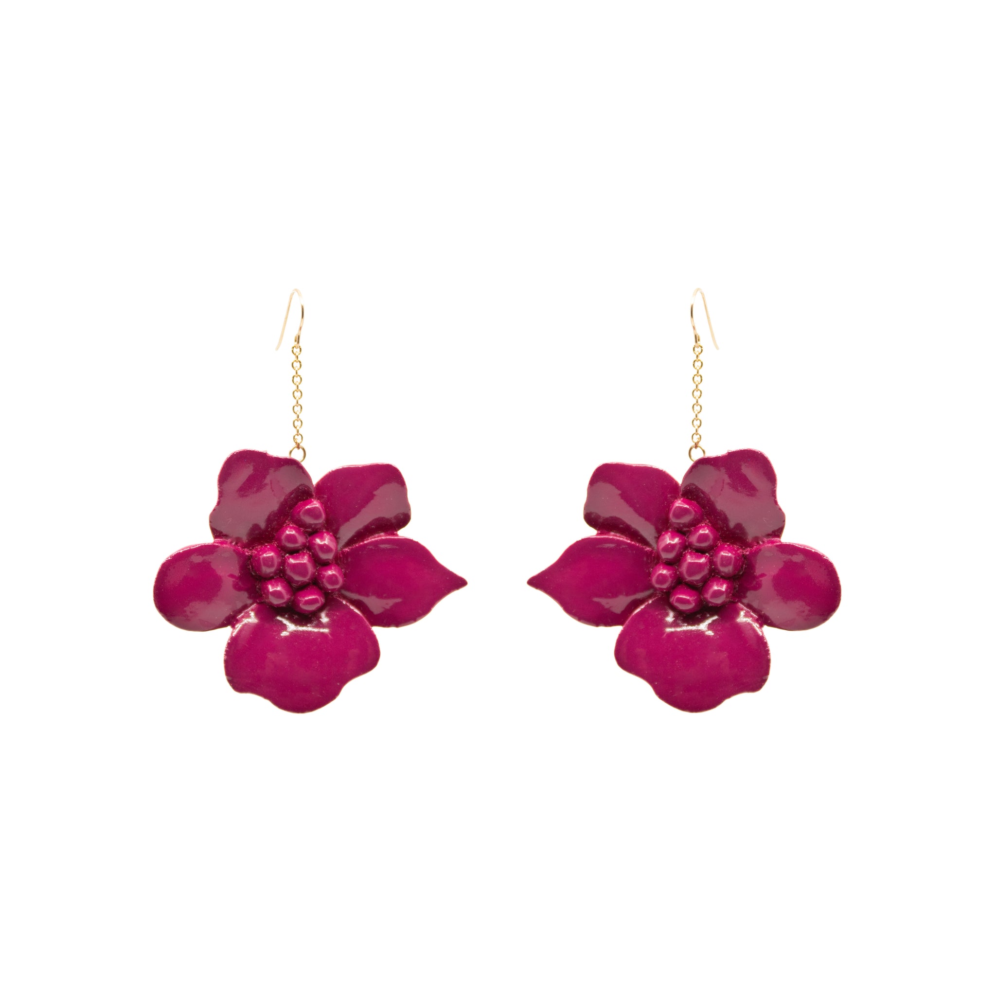 Hand-Carved Magenta Lacquered Wood Earrings