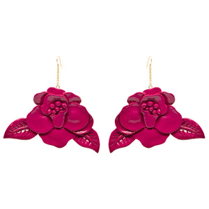 Hand-Carved Magenta Lacquered Wood Earrings