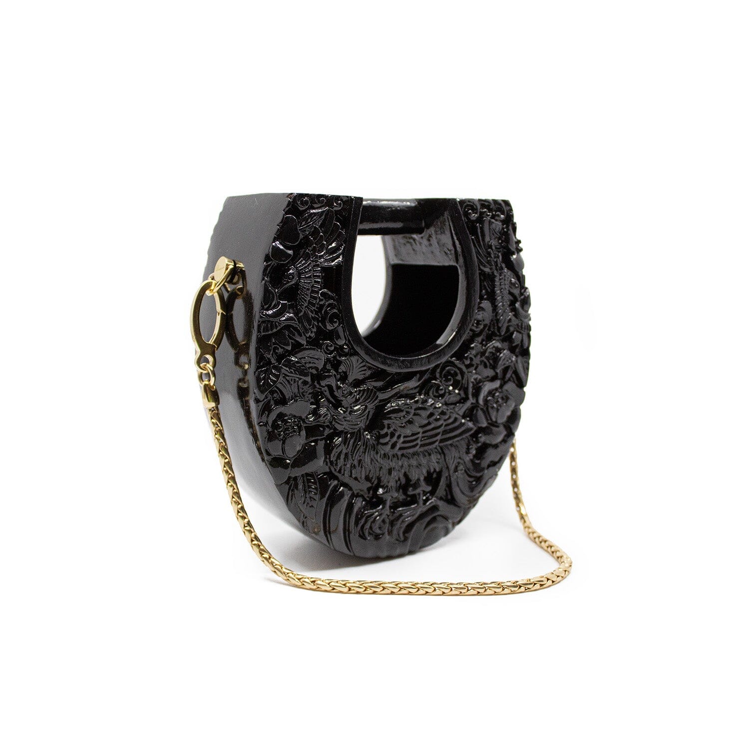 Mini Ushape Hand-Carved Lacquered Conference of the Birds in Black Blumera 