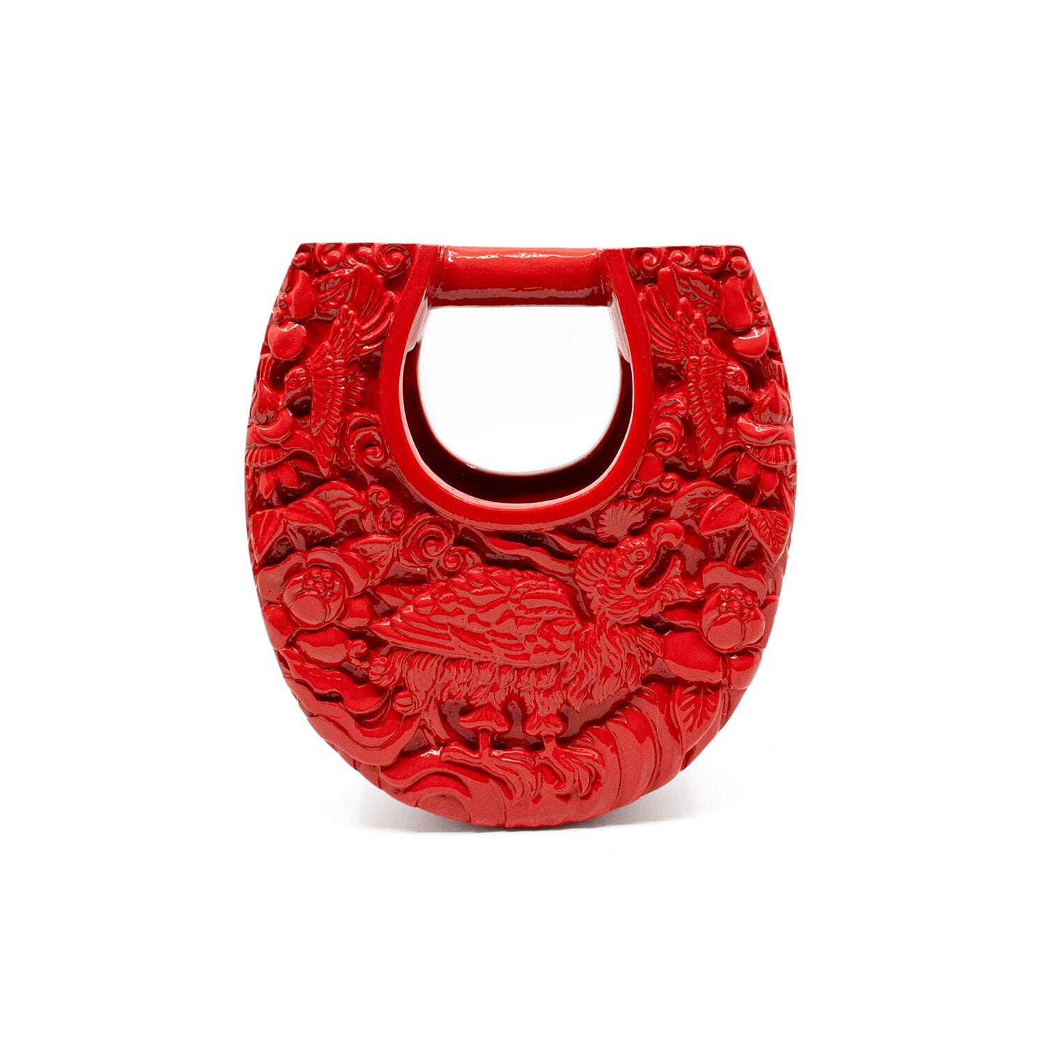 Mini Ushape Hand-Carved Lacquered Conference of the Birds in Red Blumera 
