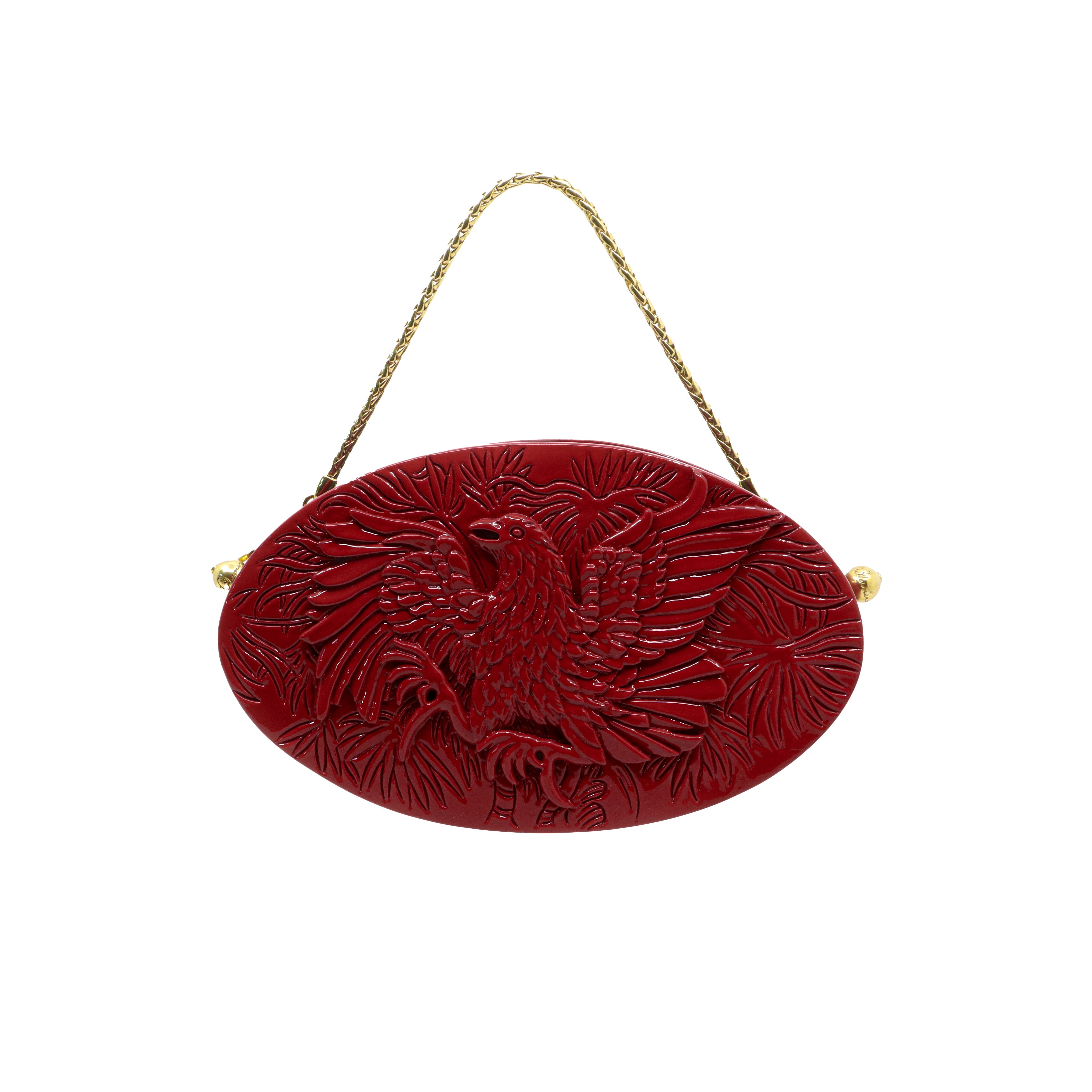Oval Hand-Carved Wood Clutch - Gamecocks in Lacquered Garnet Blumera 