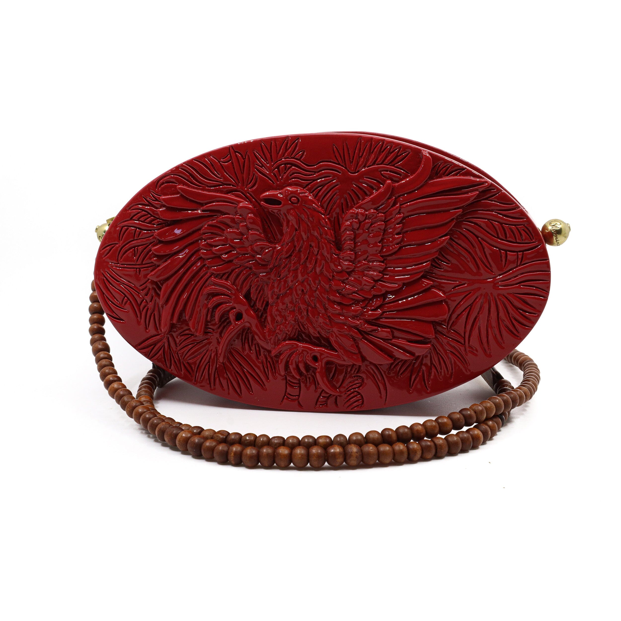 Oval Hand-Carved Wood Clutch - Gamecocks in Lacquered Garnet Blumera 