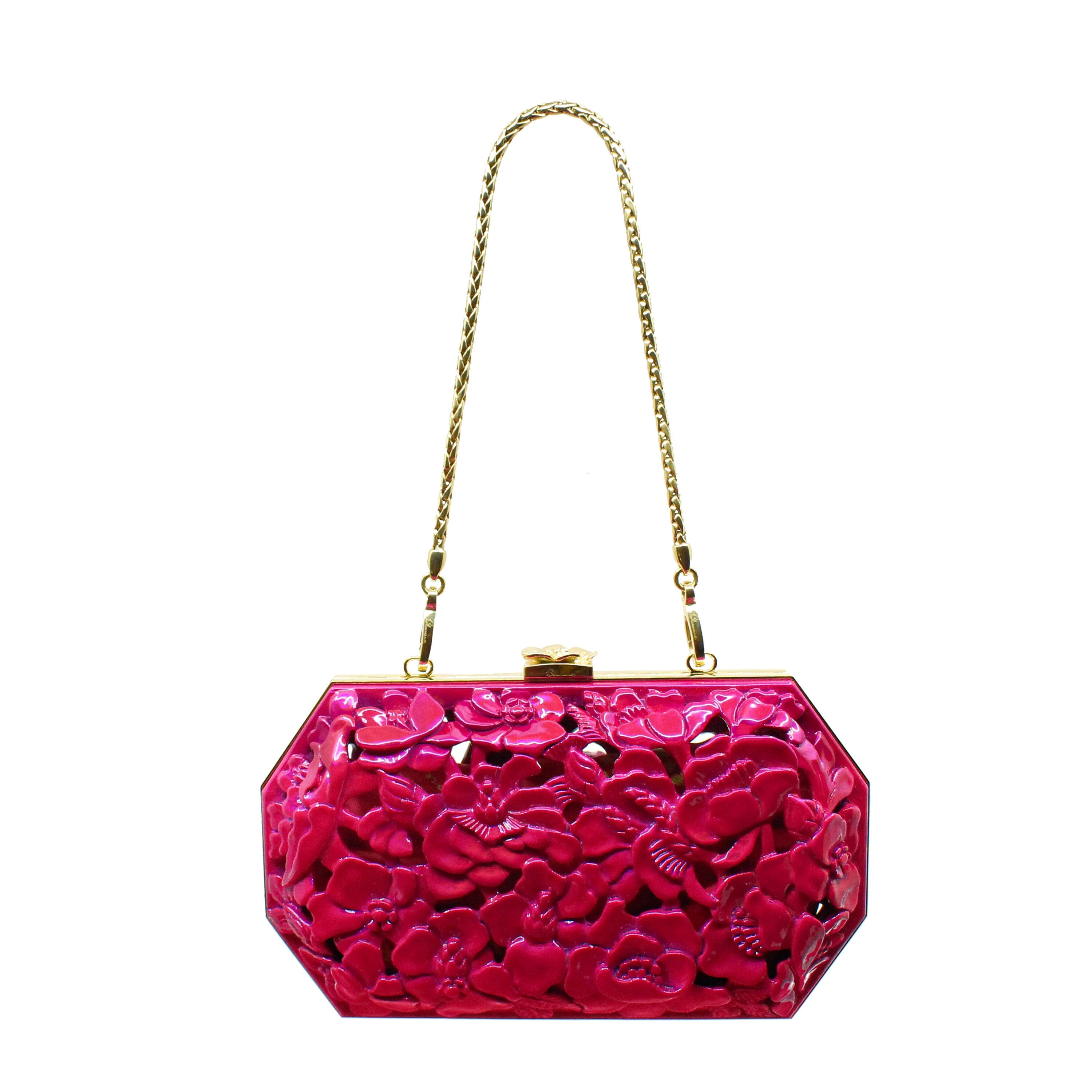 Poppies Brass Framed Clutch in Lacquered Magenta | Hand-Carved Wood Bag by Blumera (Copy) Blumera 