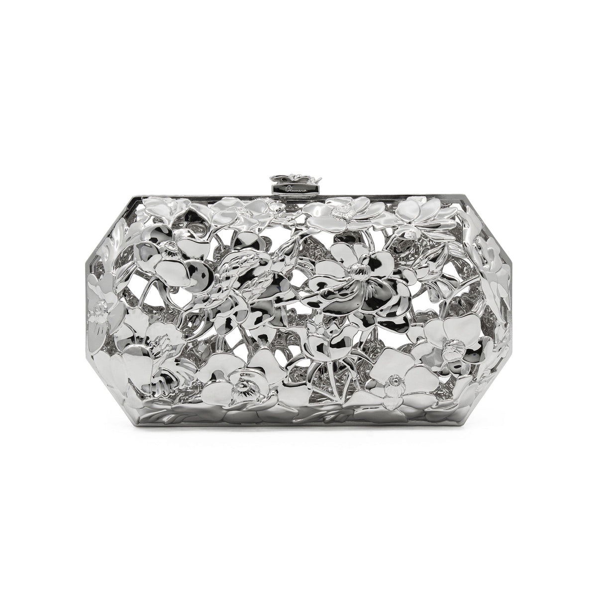 BLUMERA POPPIES SILVER OCTAGON SCULPTURAL METAL CLUTCH