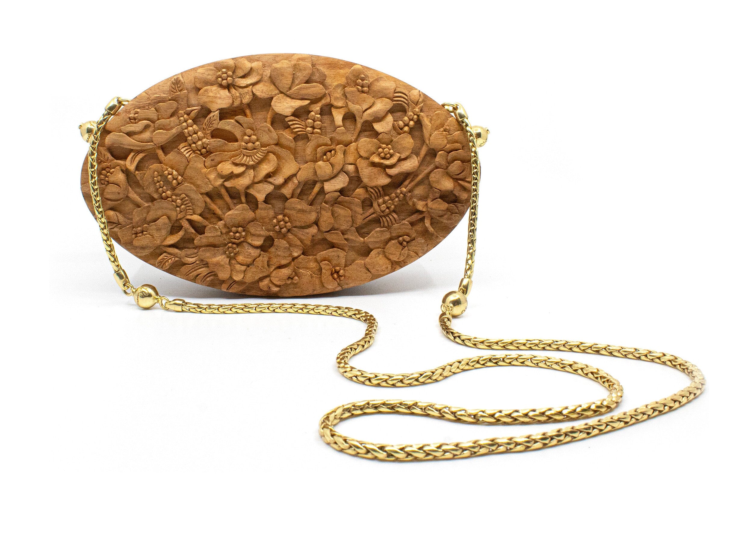 Poppies Oval Hand-Carved Wood Clutch Blumera 