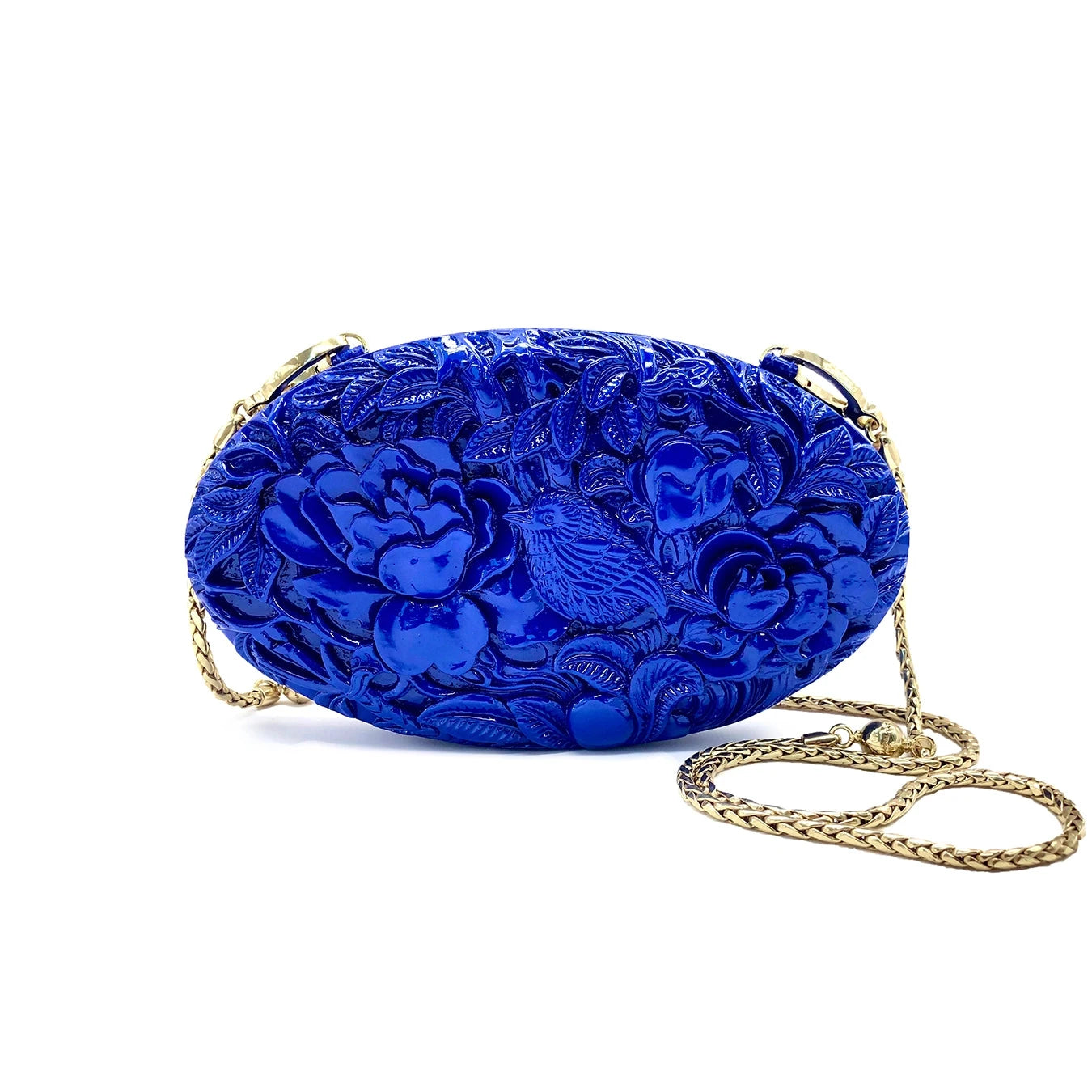 Rose and the Nightingale Hand-Carved Oval Clutch in Lacquered Royal Blue Blumera 