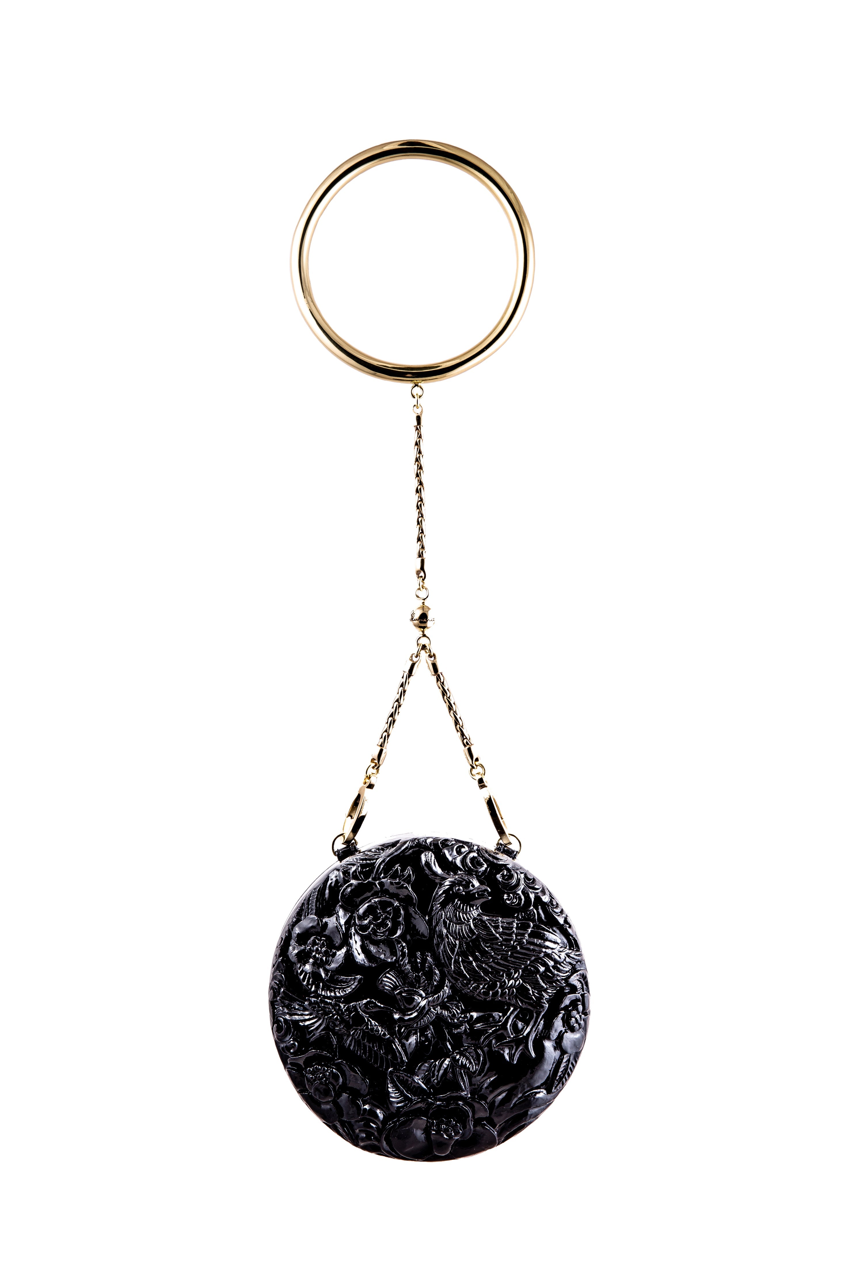 Medium Round Lacquered Hand-Carved Conference of the Bird Blumera Black Bangle Strap 